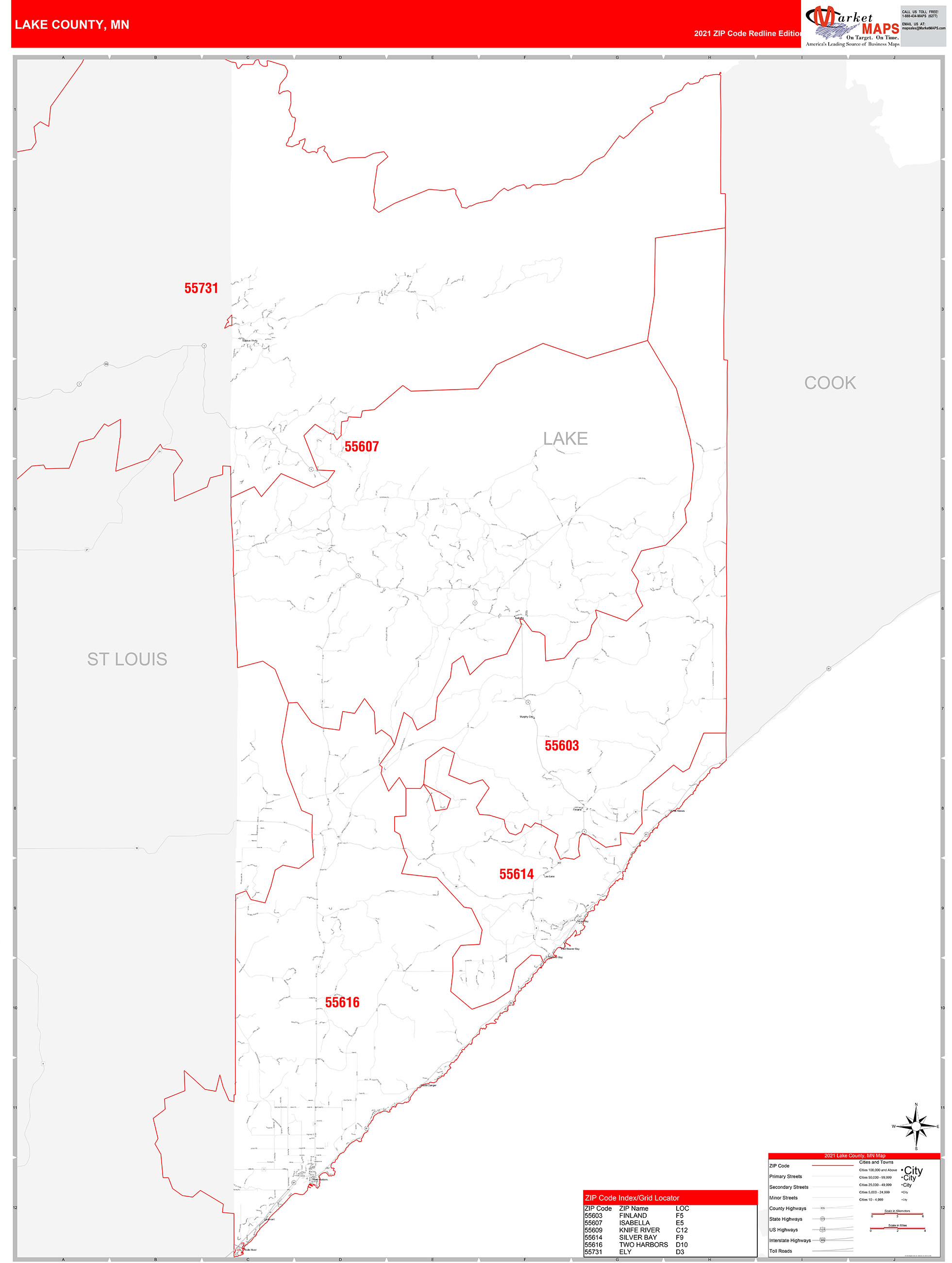 Lake County, MN Zip Code Wall Map Red Line Style by MarketMAPS