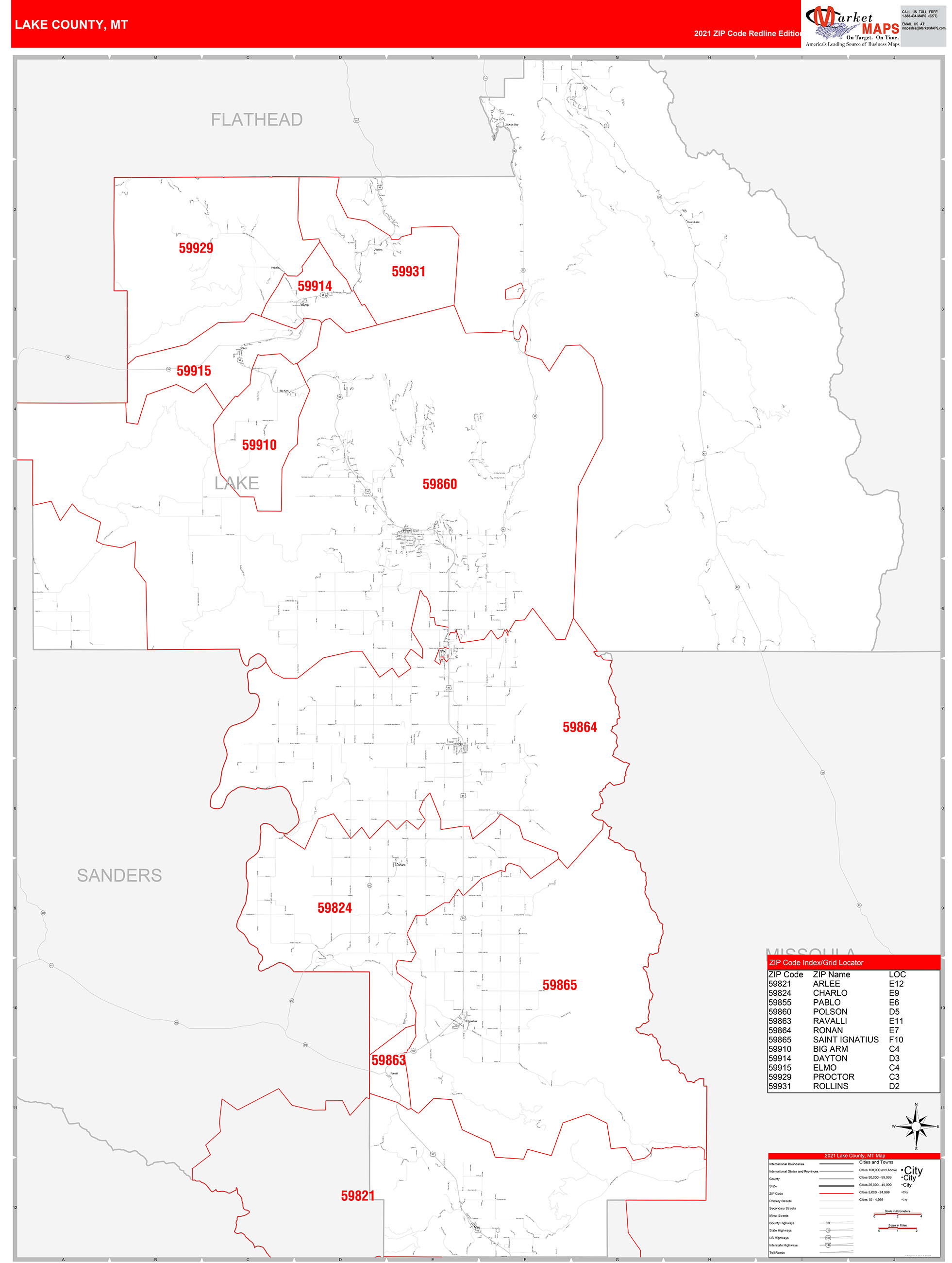 Lake County, MT Zip Code Wall Map Red Line Style by MarketMAPS