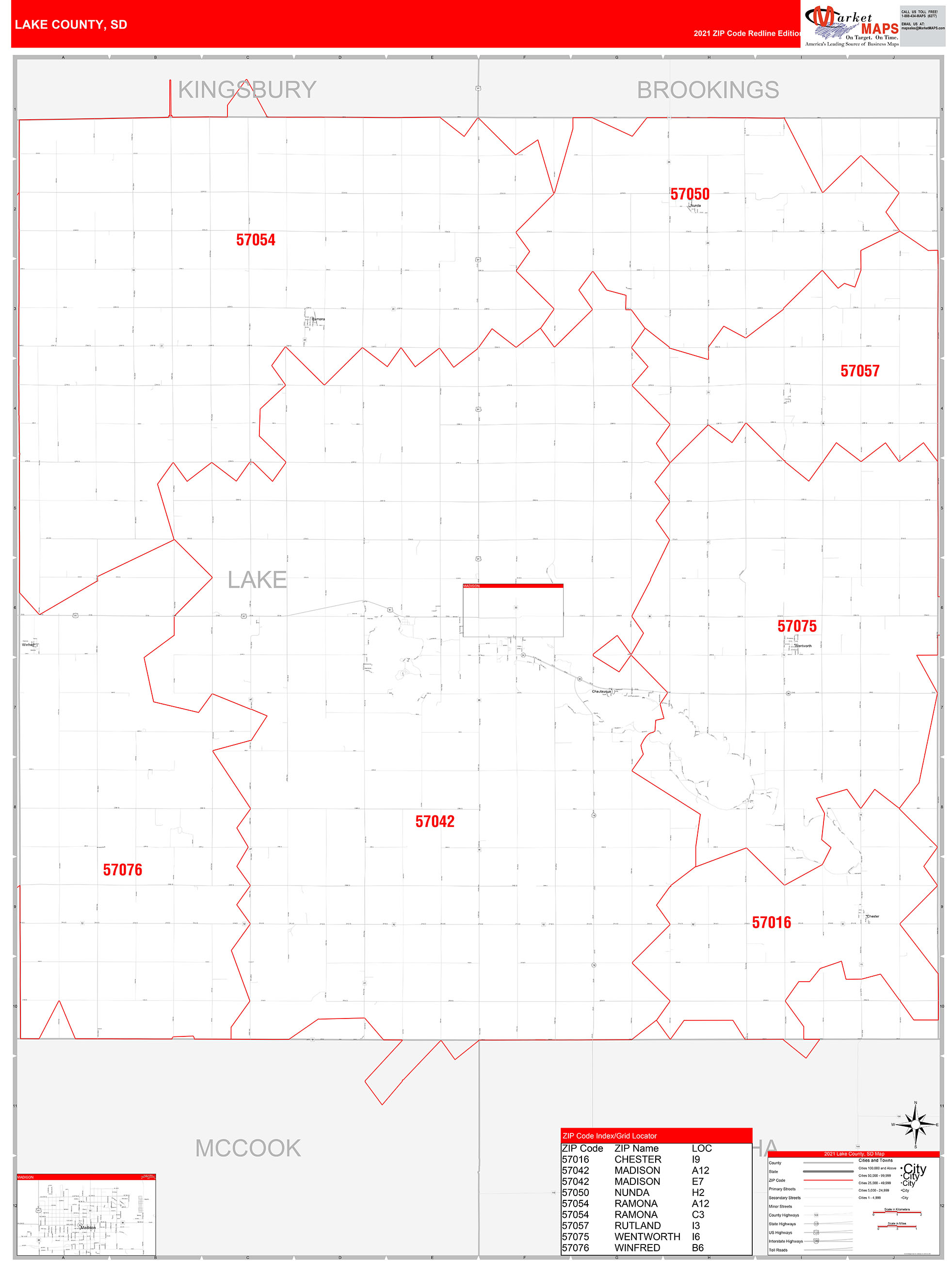 Lake County, SD Zip Code Wall Map Red Line Style by MarketMAPS MapSales