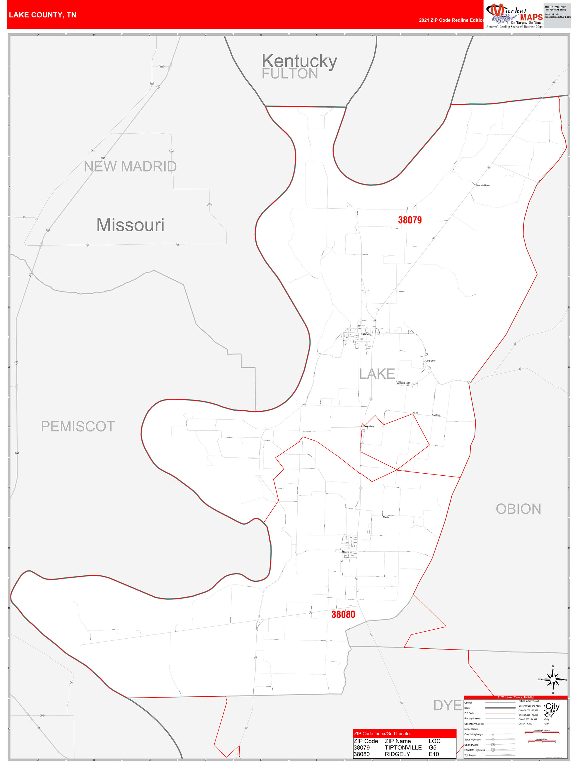 Lake County, TN Zip Code Wall Map Red Line Style by MarketMAPS