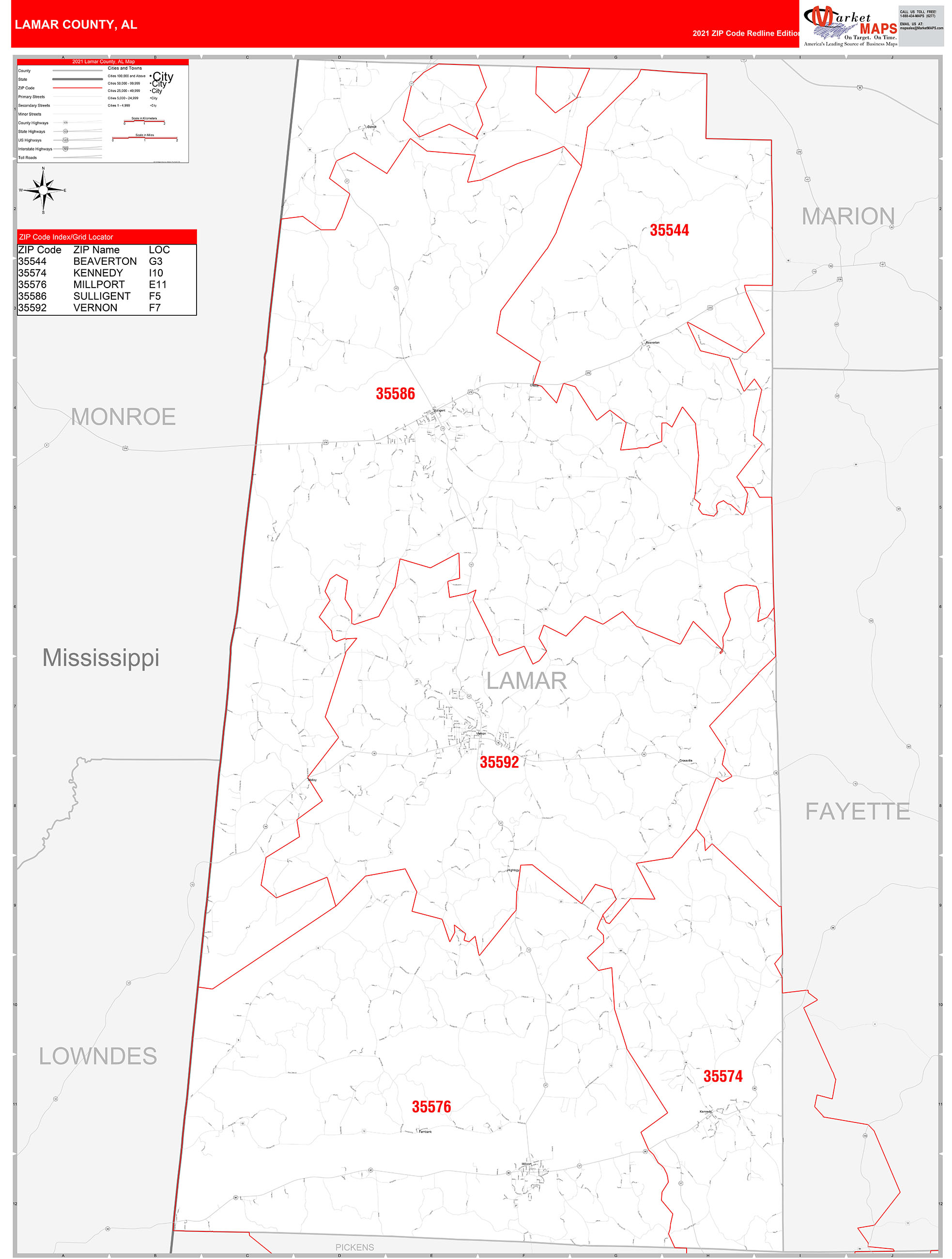 Lamar County, AL Zip Code Wall Map Red Line Style by MarketMAPS MapSales