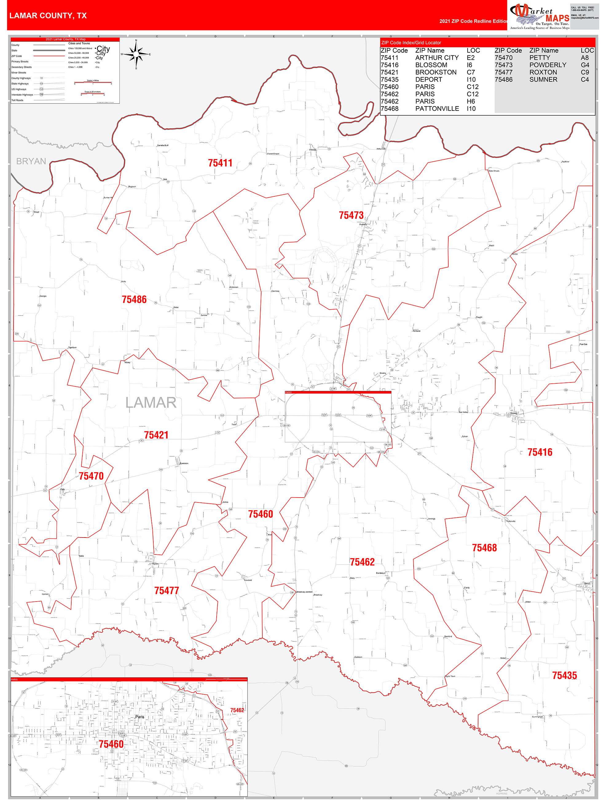 Lamar County, TX Zip Code Wall Map Red Line Style by MarketMAPS