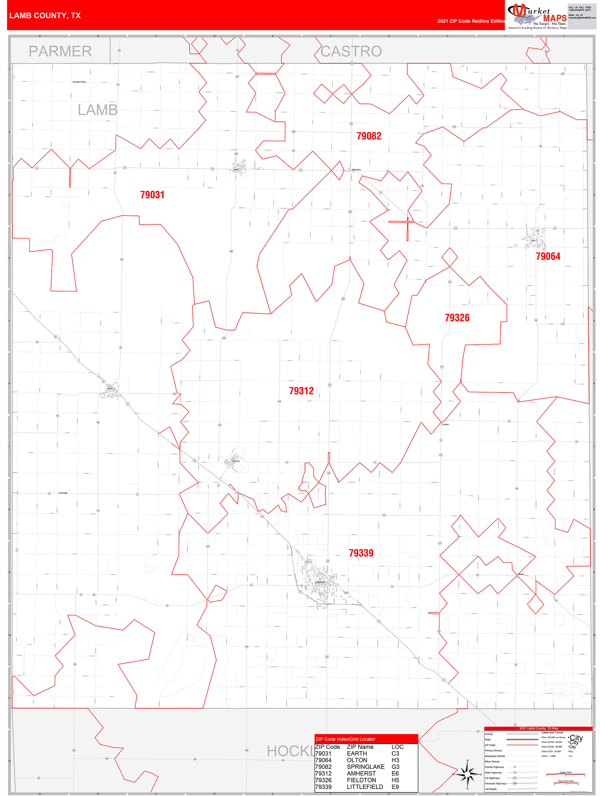 Lamb County, TX Zip Code Wall Map Red Line Style by MarketMAPS MapSales