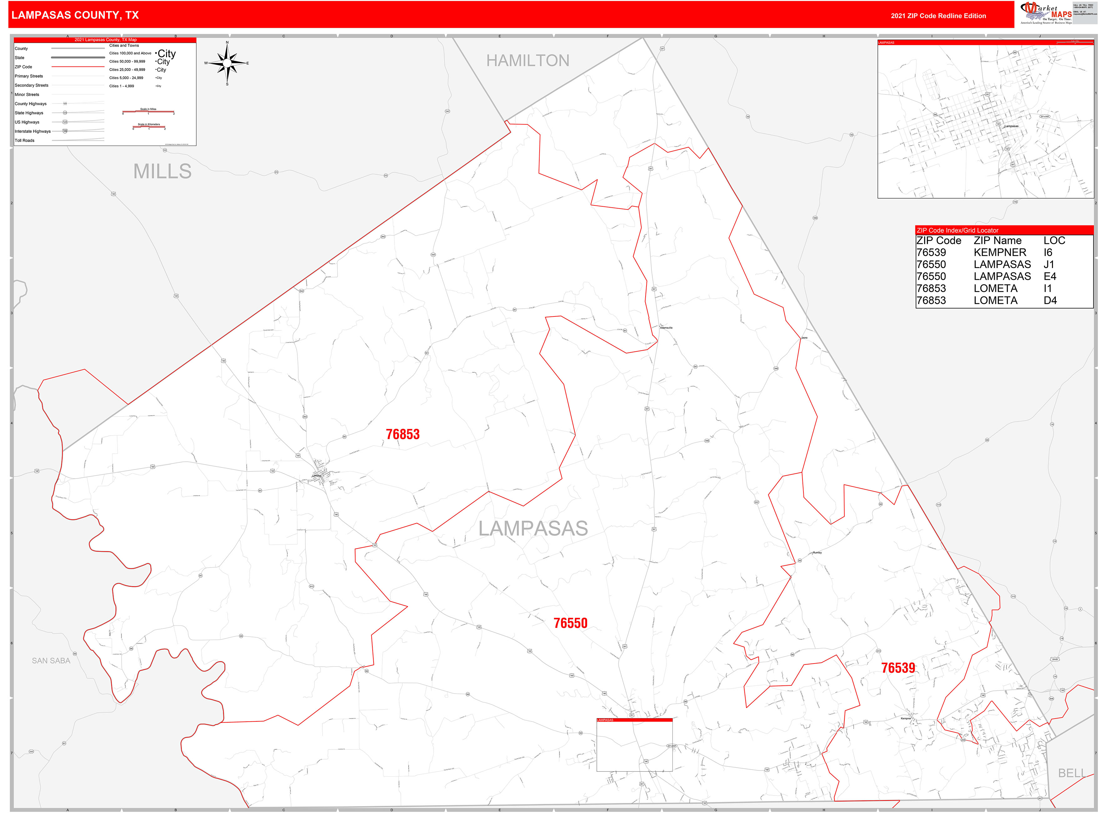 Lampasas County Tx Zip Code Wall Map Red Line Style By Marketmaps