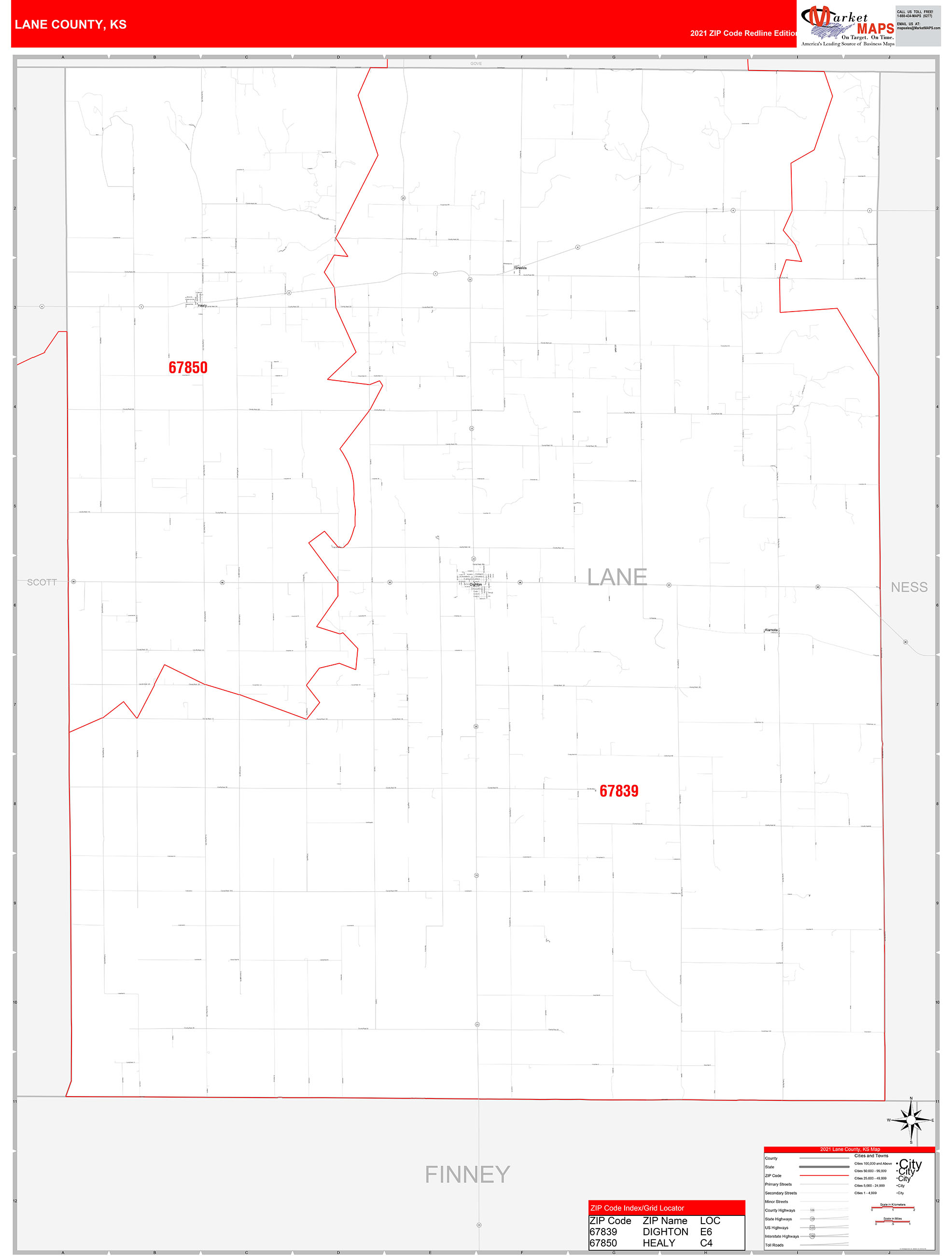 Lane County, KS Zip Code Wall Map Red Line Style by MarketMAPS