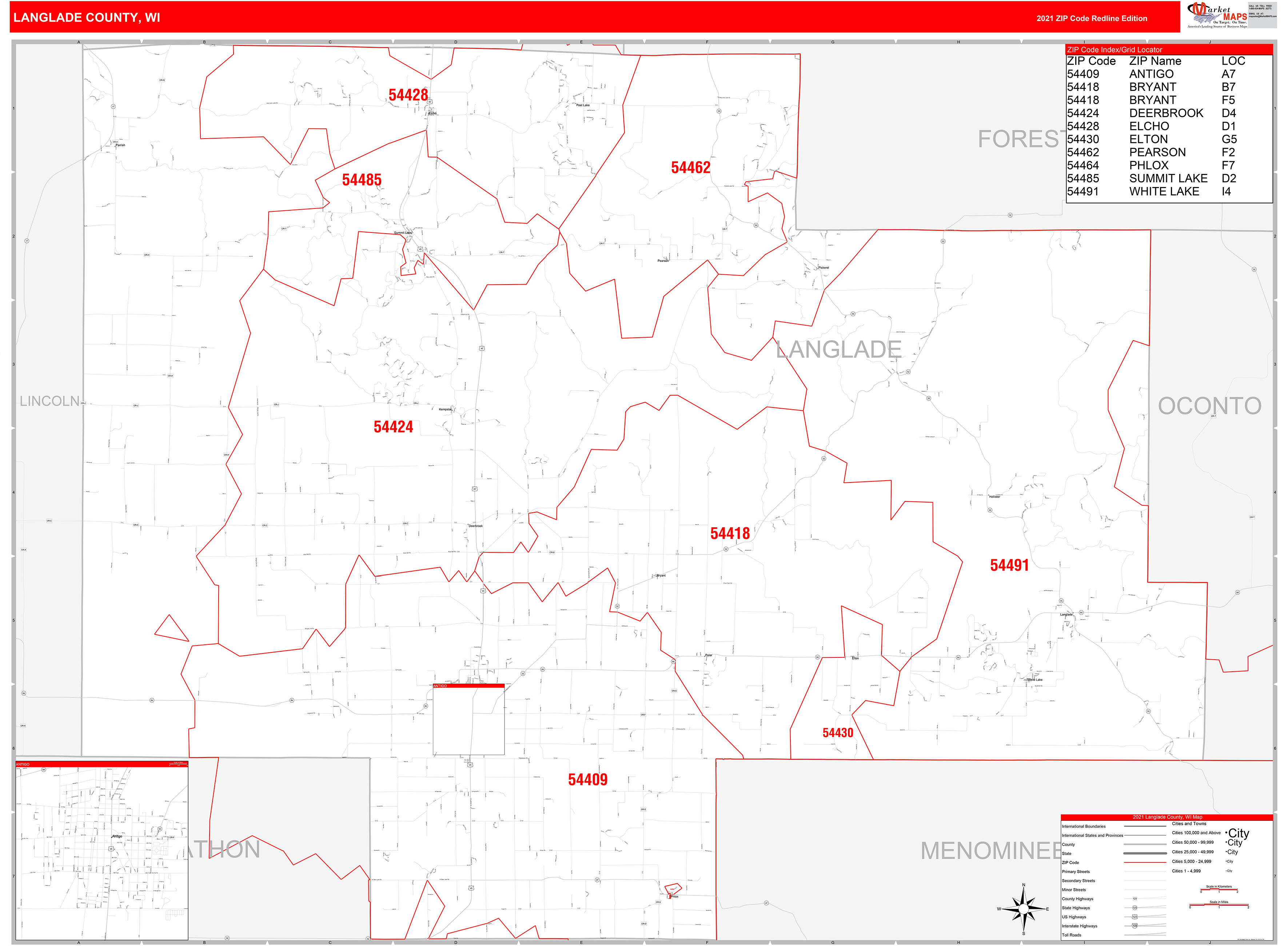 Langlade County, WI Zip Code Wall Map Red Line Style by MarketMAPS