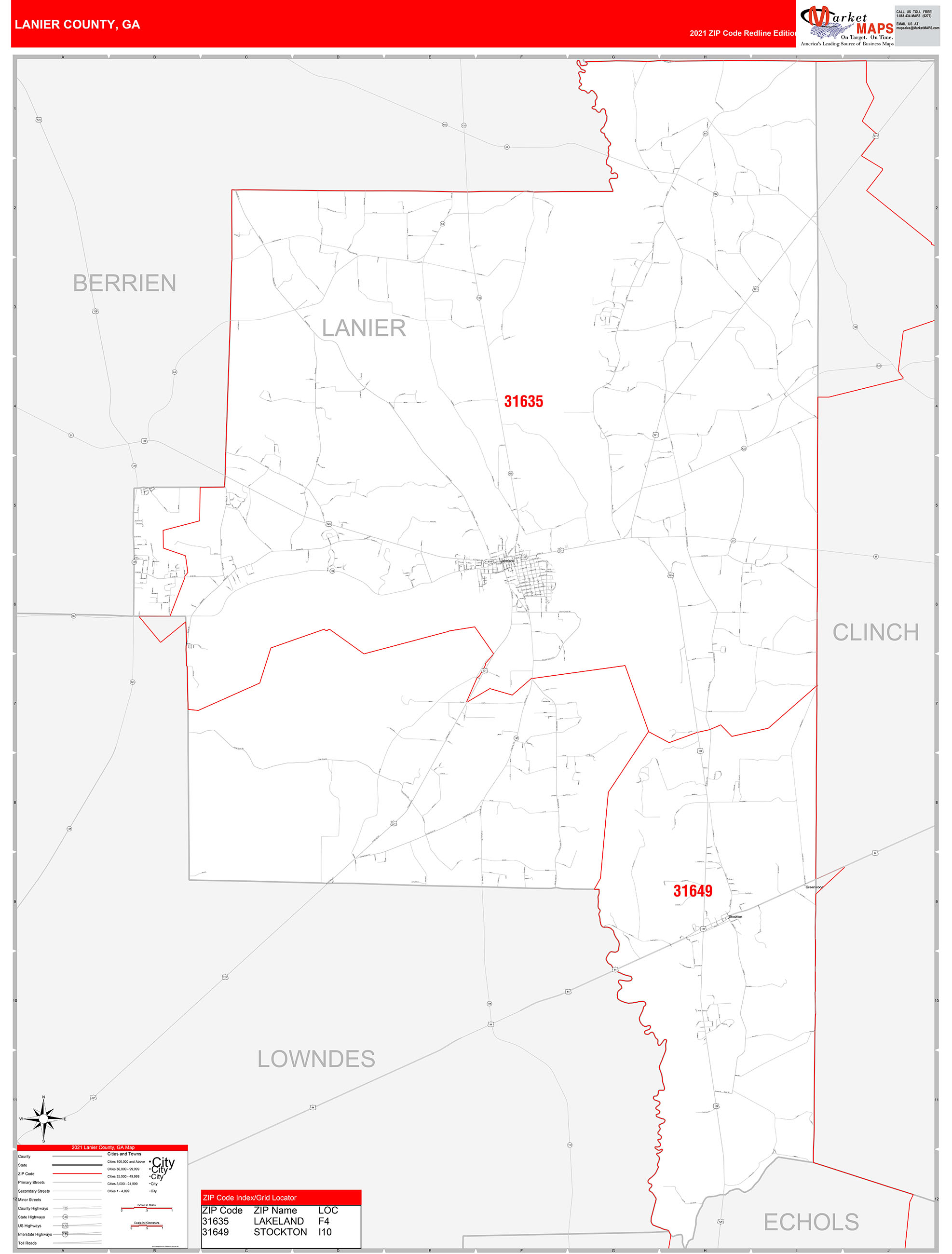 Lanier County, GA Zip Code Wall Map Red Line Style by MarketMAPS