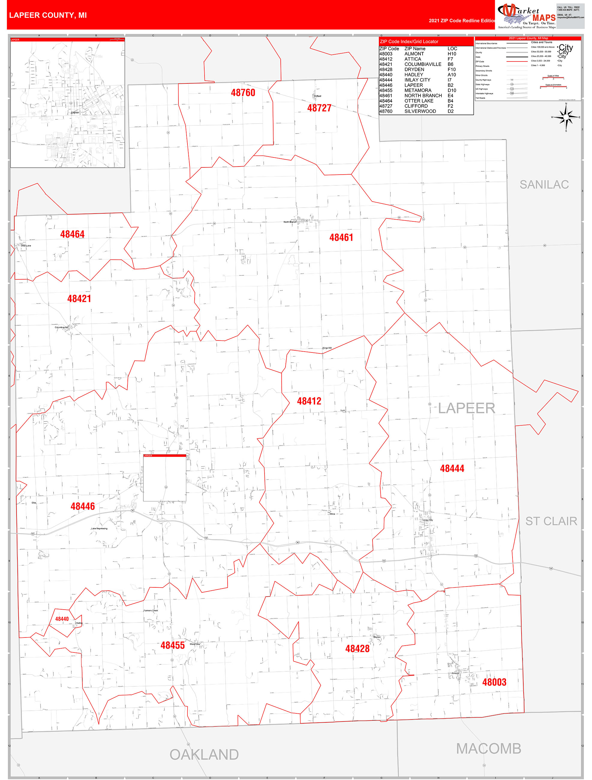 Lapeer County, MI Zip Code Wall Map Red Line Style by MarketMAPS