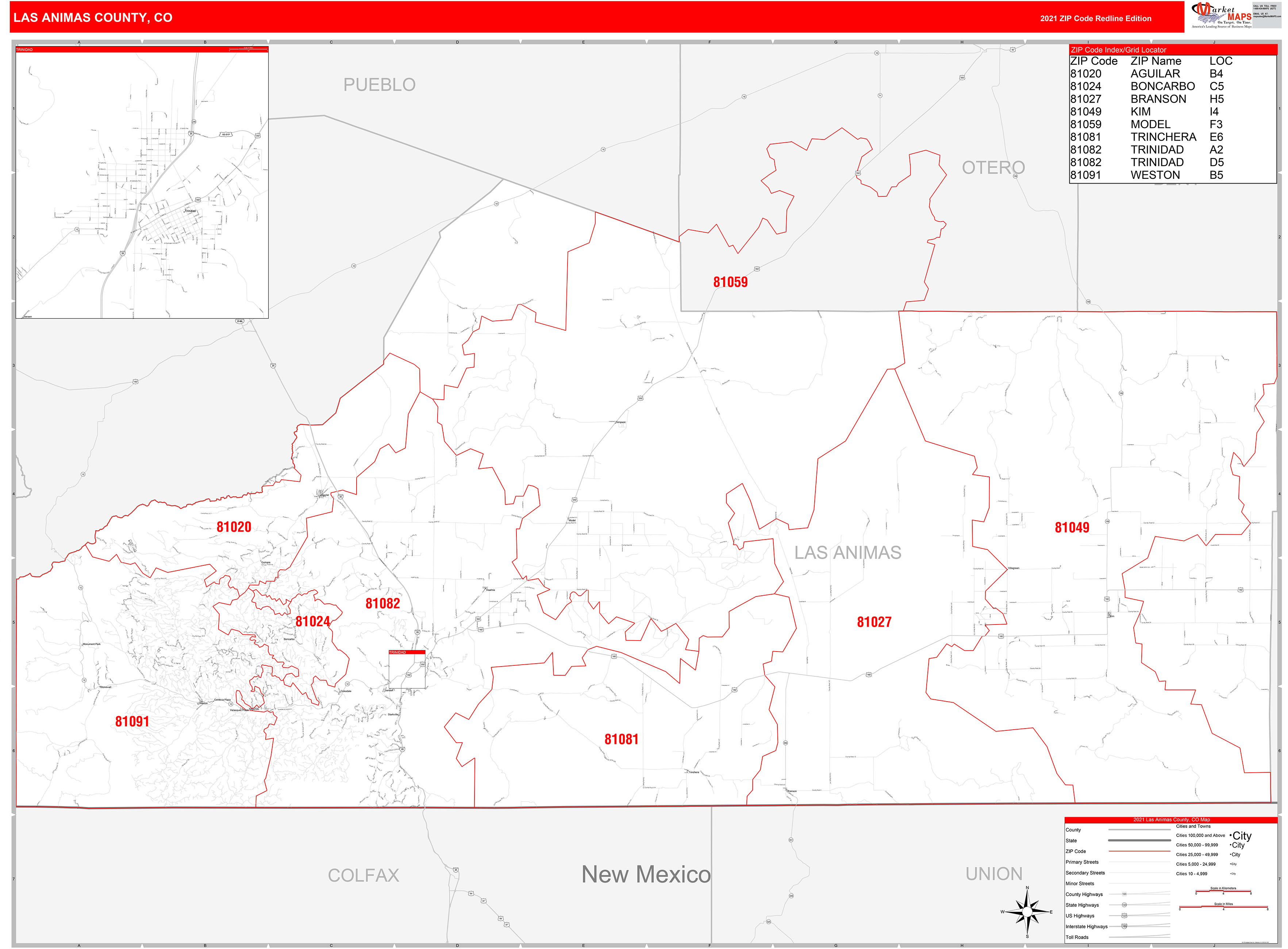 Las Animas County, CO Zip Code Wall Map Red Line Style by MarketMAPS