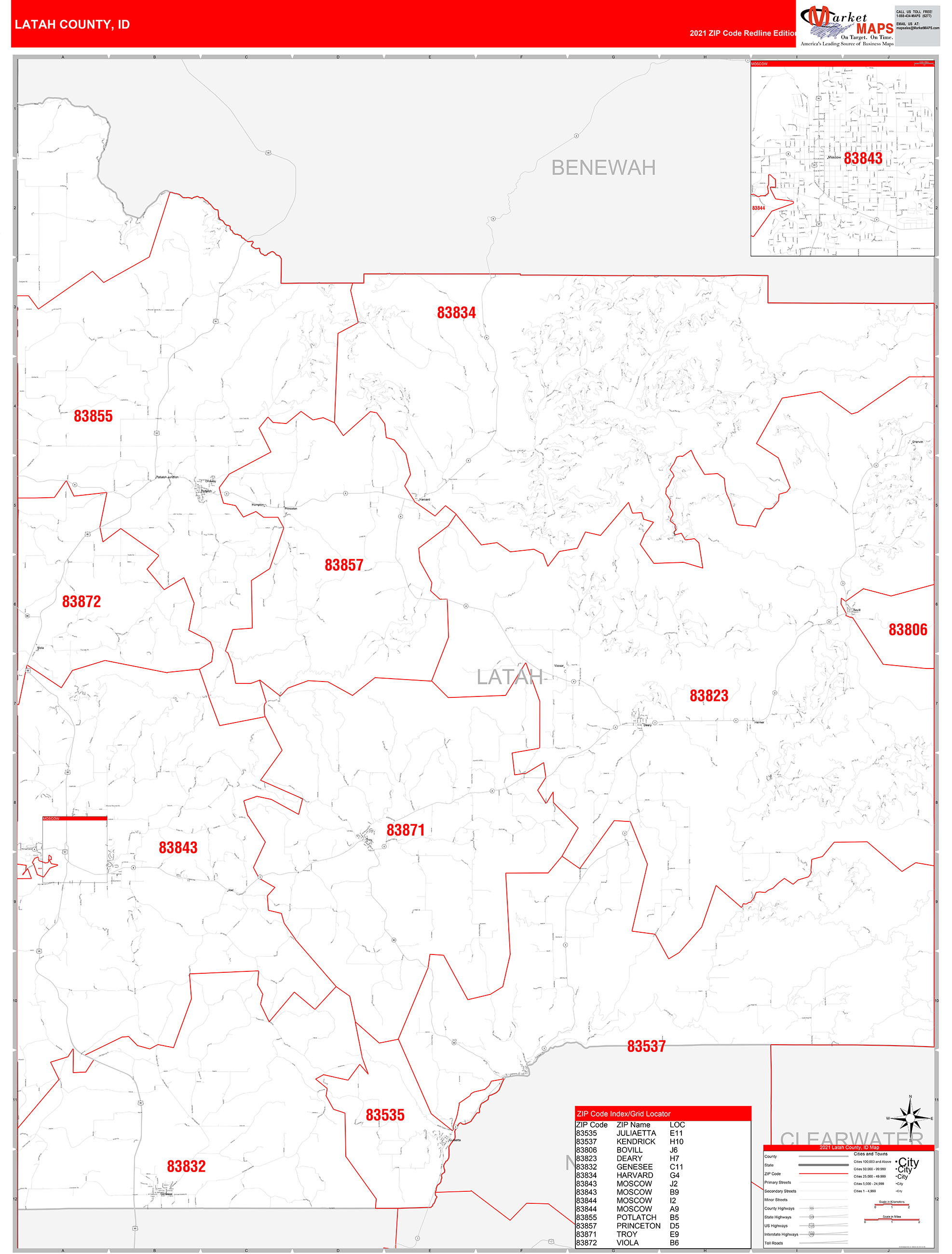 Latah County, ID Zip Code Wall Map Red Line Style by MarketMAPS