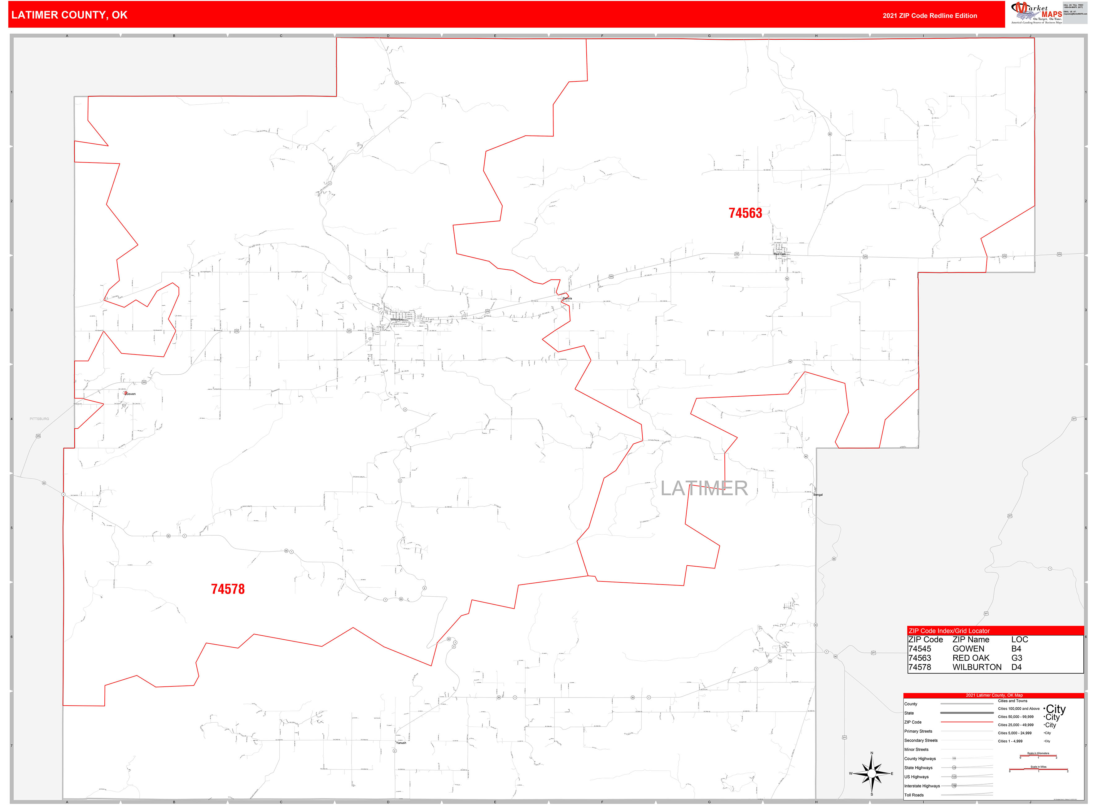 Latimer County, OK Zip Code Wall Map Red Line Style by MarketMAPS