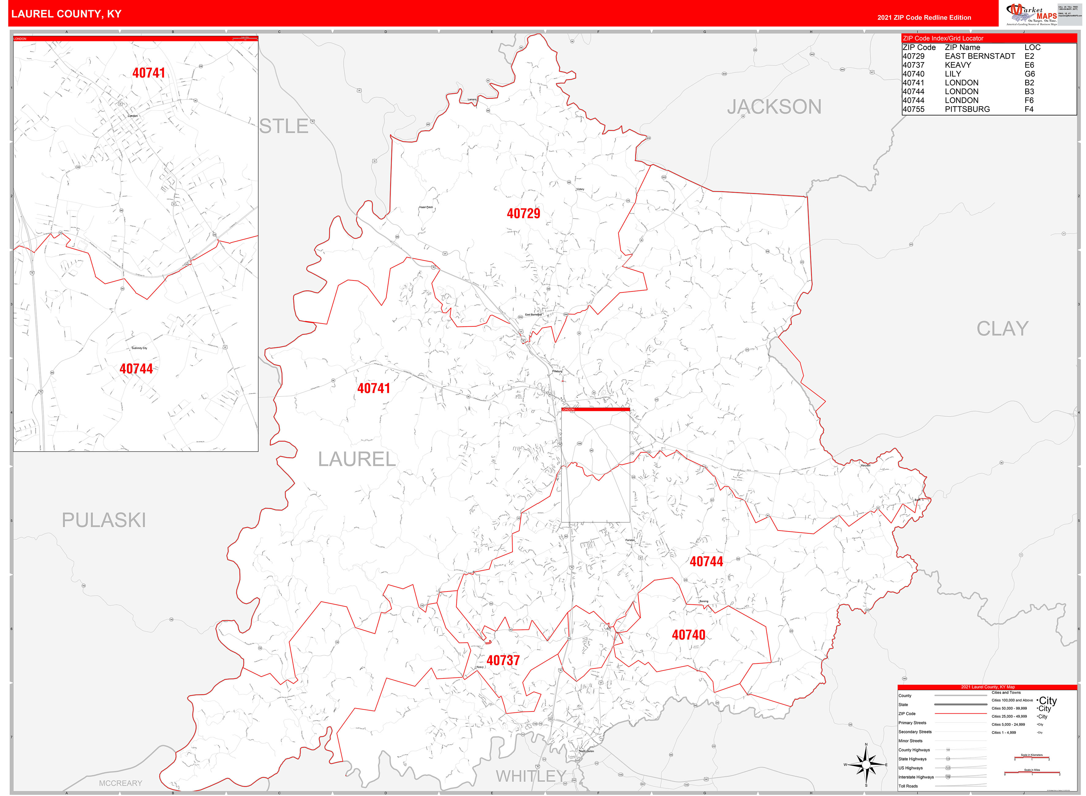 Laurel County, KY Zip Code Wall Map Red Line Style by MarketMAPS MapSales