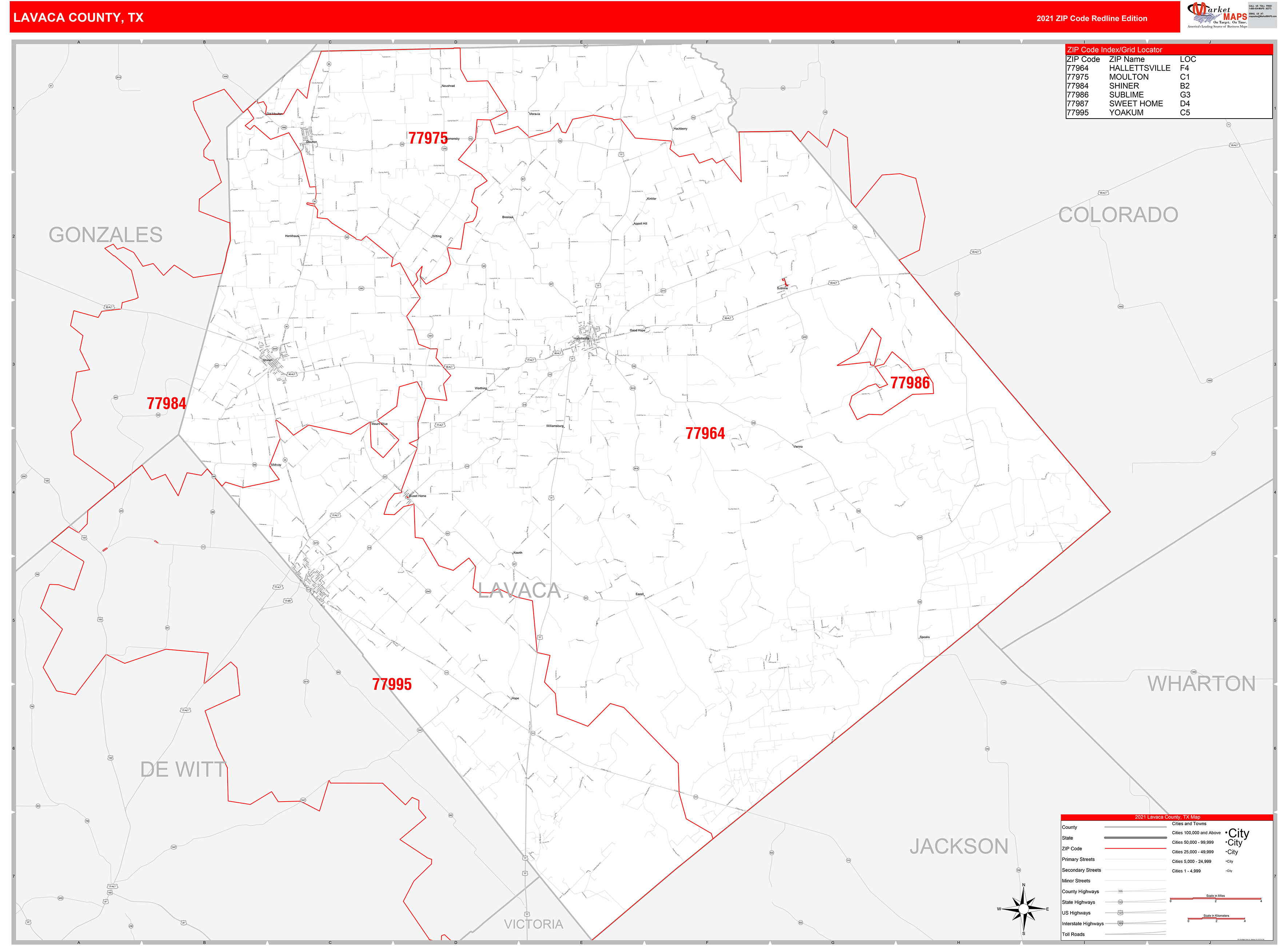 Lavaca County, TX Zip Code Wall Map Red Line Style by MarketMAPS