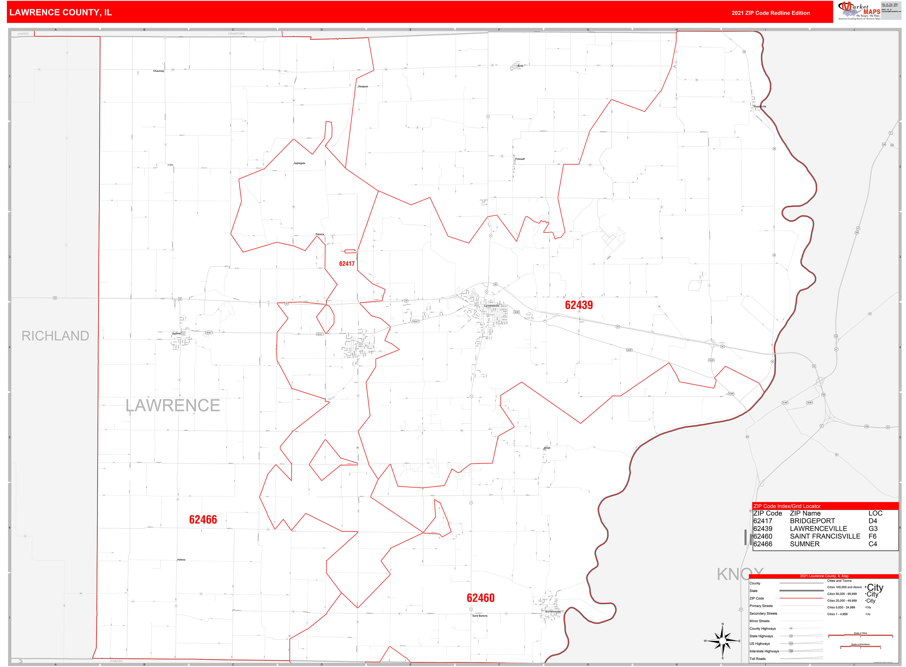 Lawrence County, IL Zip Code Wall Map Red Line Style by MarketMAPS