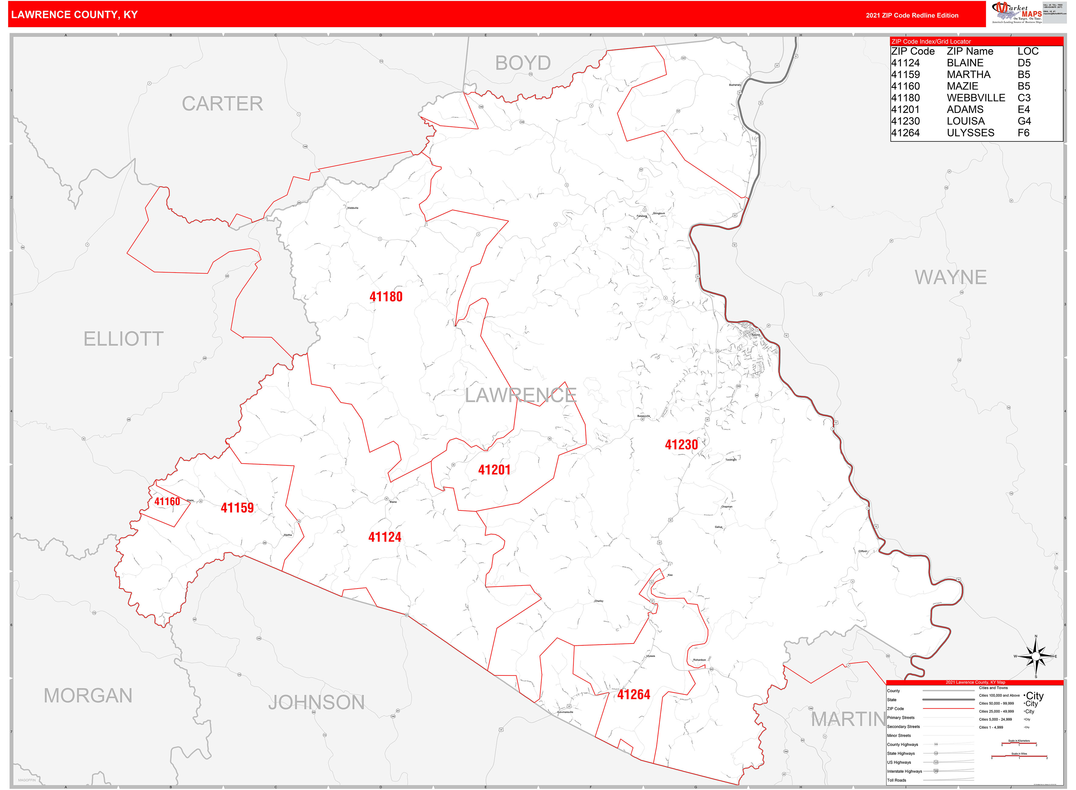 Lawrence County, KY Zip Code Wall Map Red Line Style by MarketMAPS