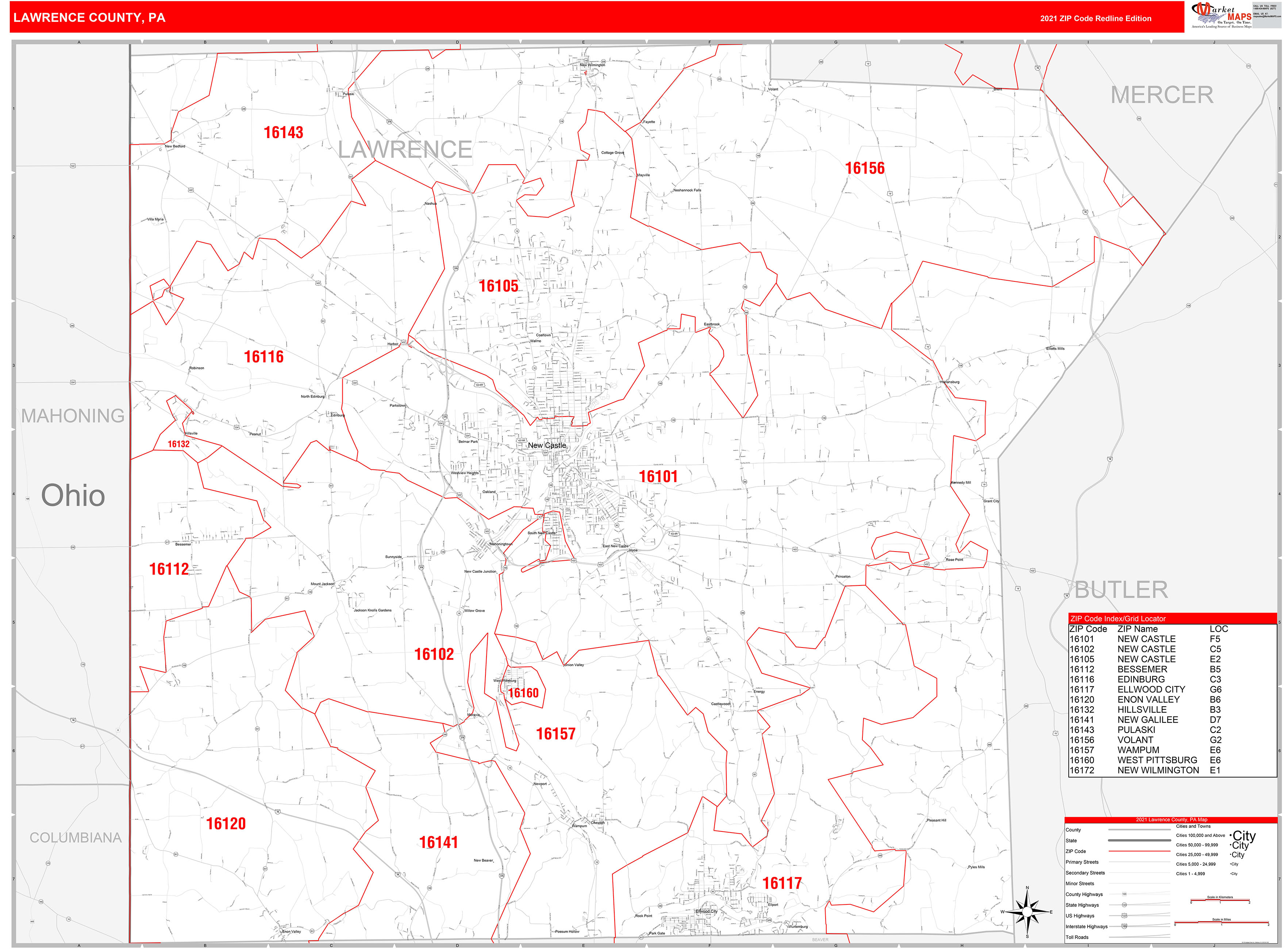 Lawrence County, PA Zip Code Wall Map Red Line Style by MarketMAPS