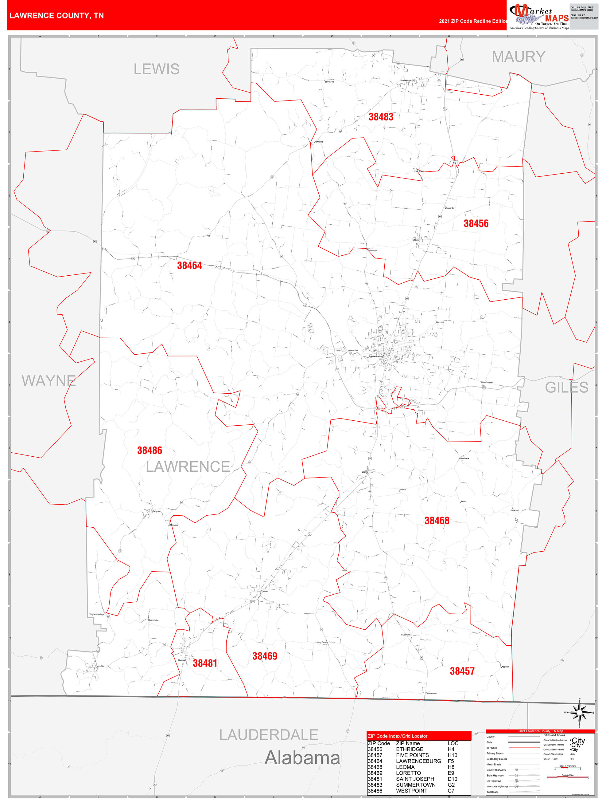 Lawrence County, TN Zip Code Wall Map Red Line Style by MarketMAPS