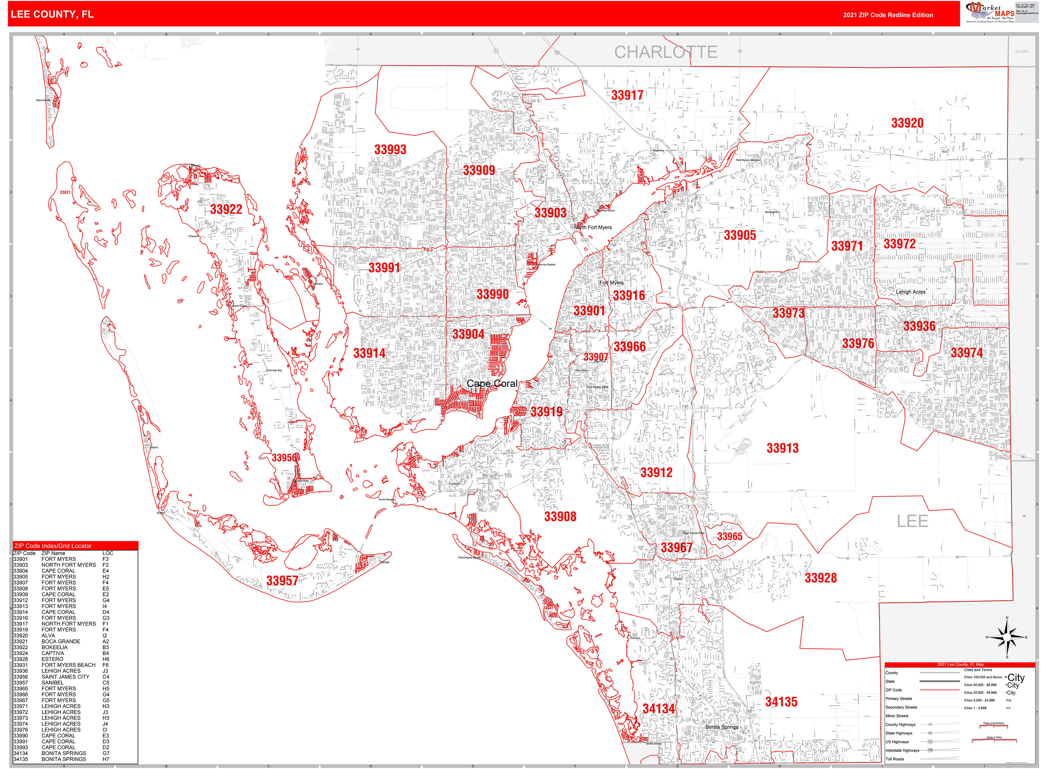 Lee County Fl Zip Code Wall Map Red Line Style By Marketmaps Mapsales