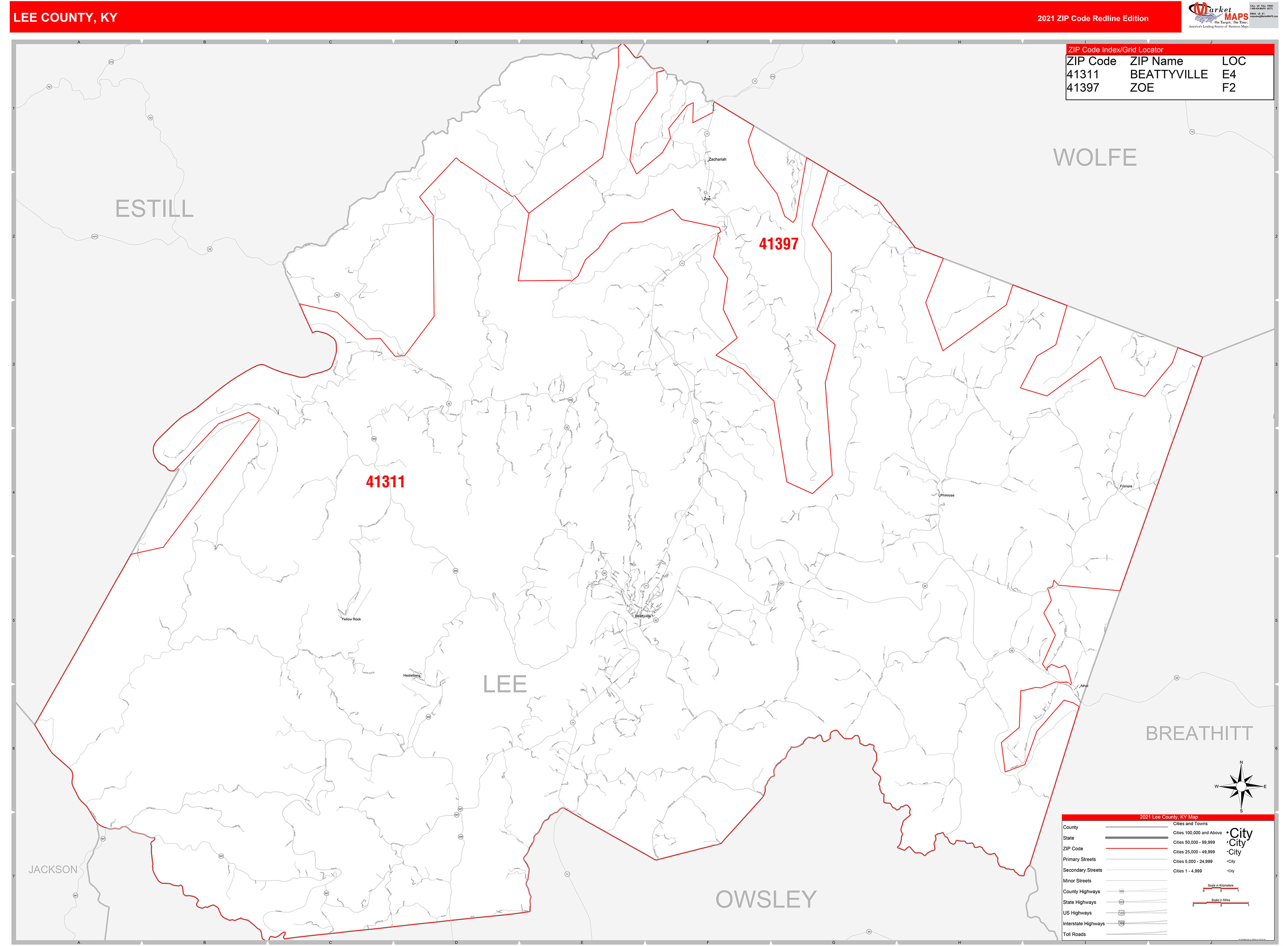 Lee County, KY Zip Code Wall Map Red Line Style by MarketMAPS MapSales