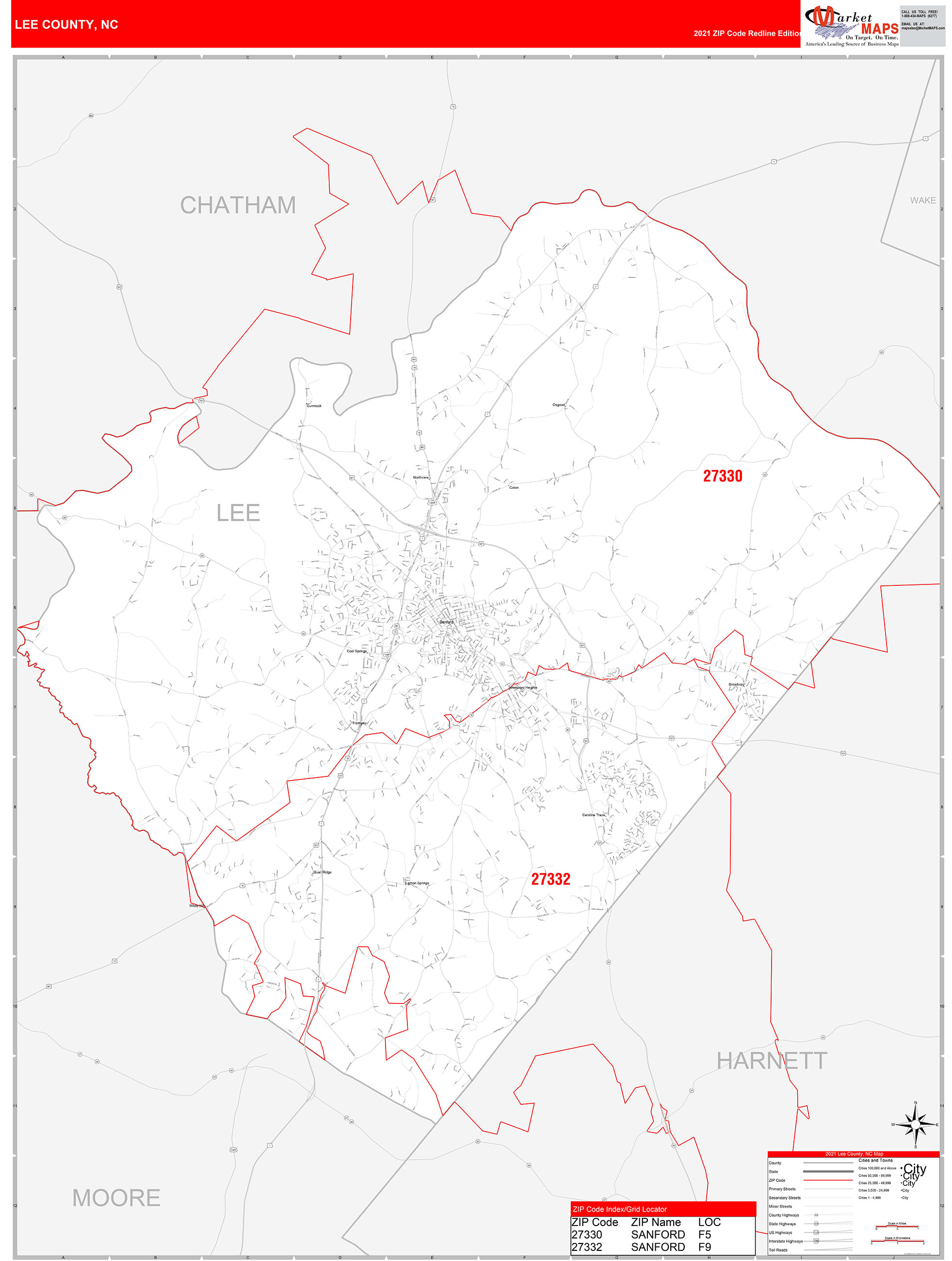 Lee County, NC Zip Code Wall Map Red Line Style by MarketMAPS
