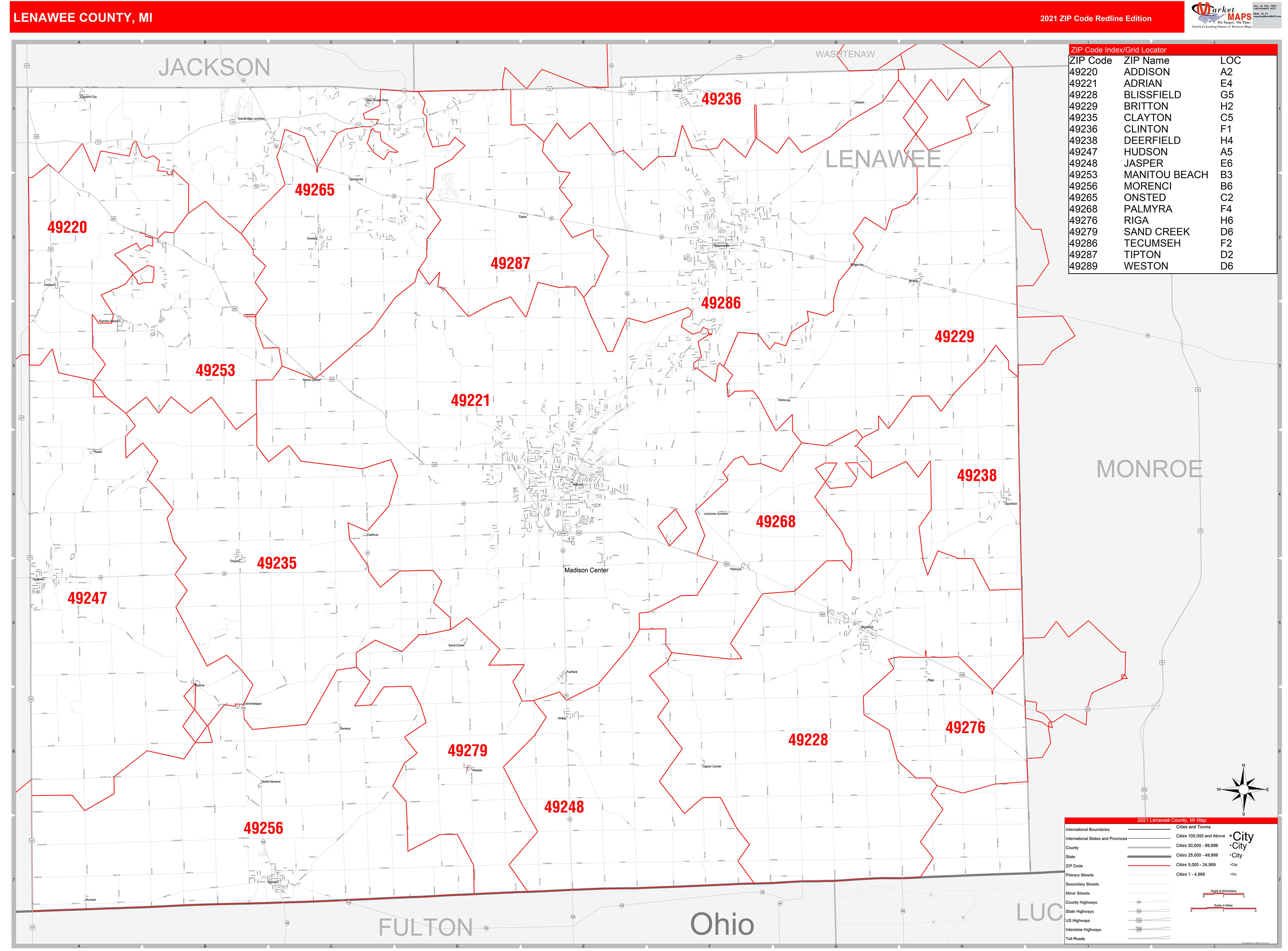 Lenawee County, MI Zip Code Wall Map Red Line Style by MarketMAPS