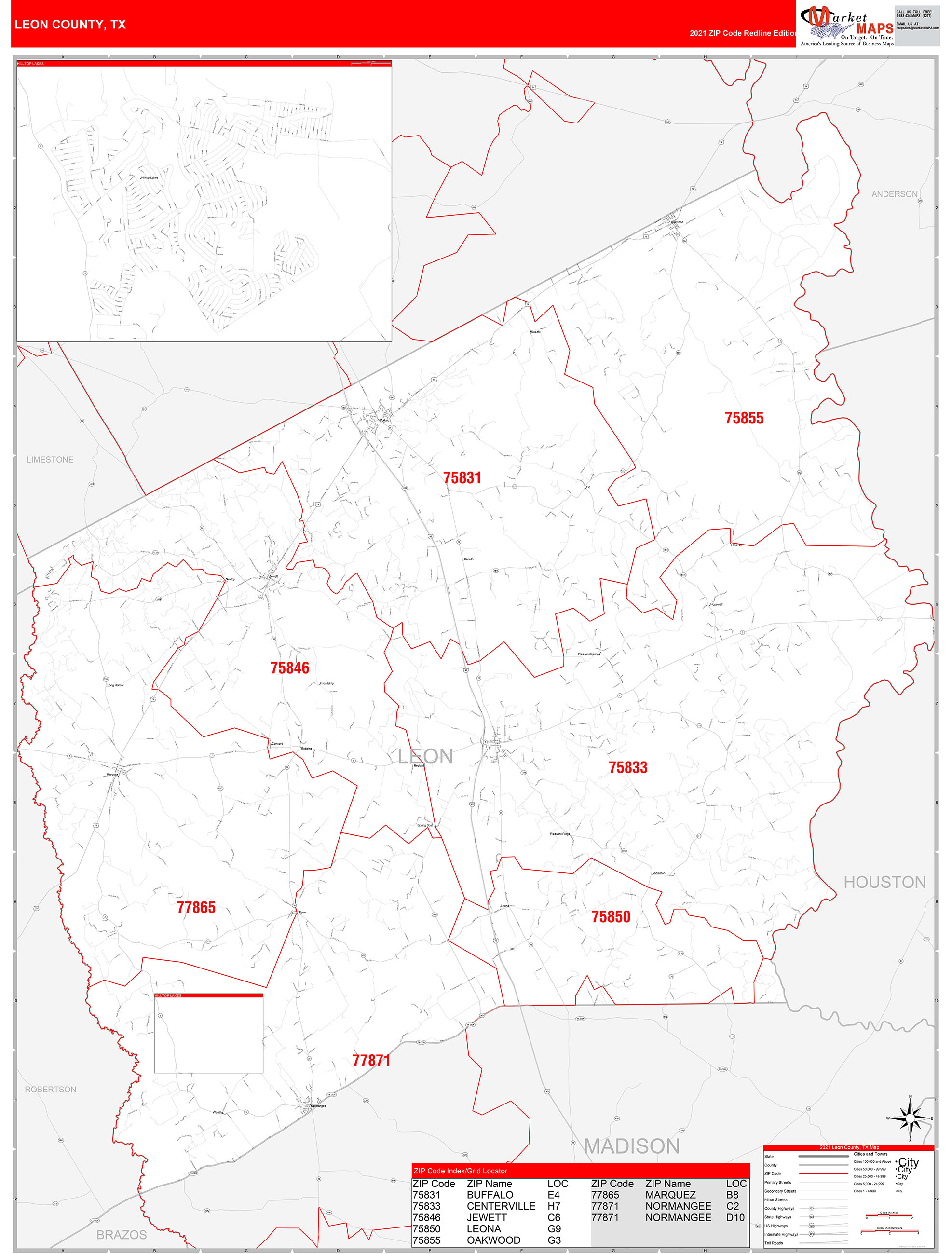 Leon County, TX Zip Code Wall Map Red Line Style by MarketMAPS