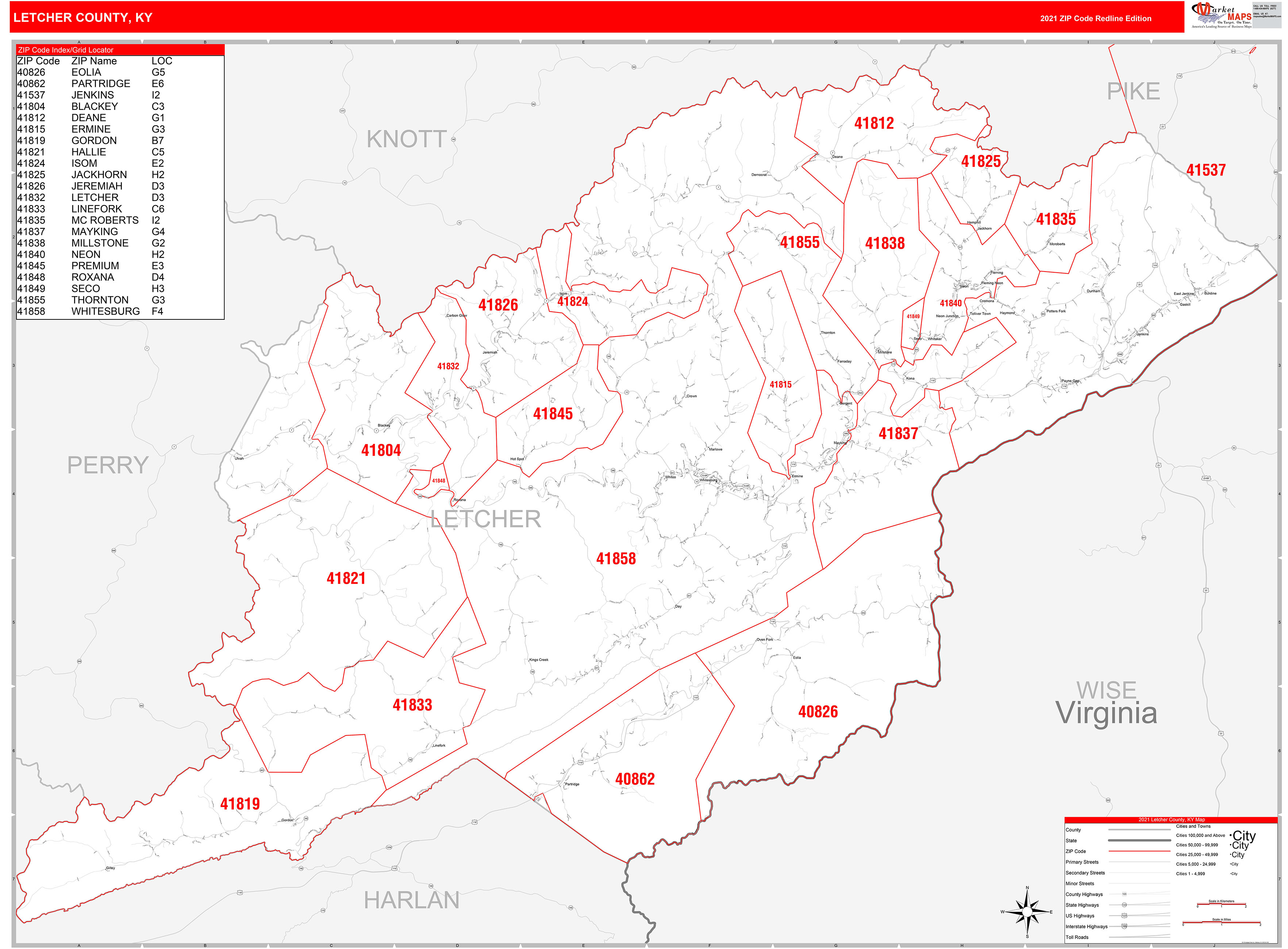 Letcher County, KY Zip Code Wall Map Red Line Style by MarketMAPS