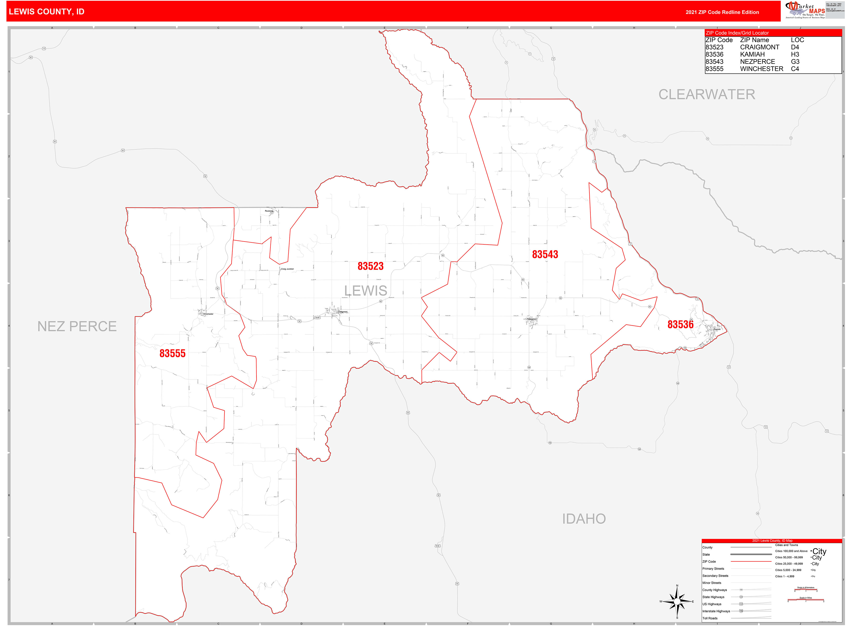 Lewis County, ID Zip Code Wall Map Red Line Style by MarketMAPS