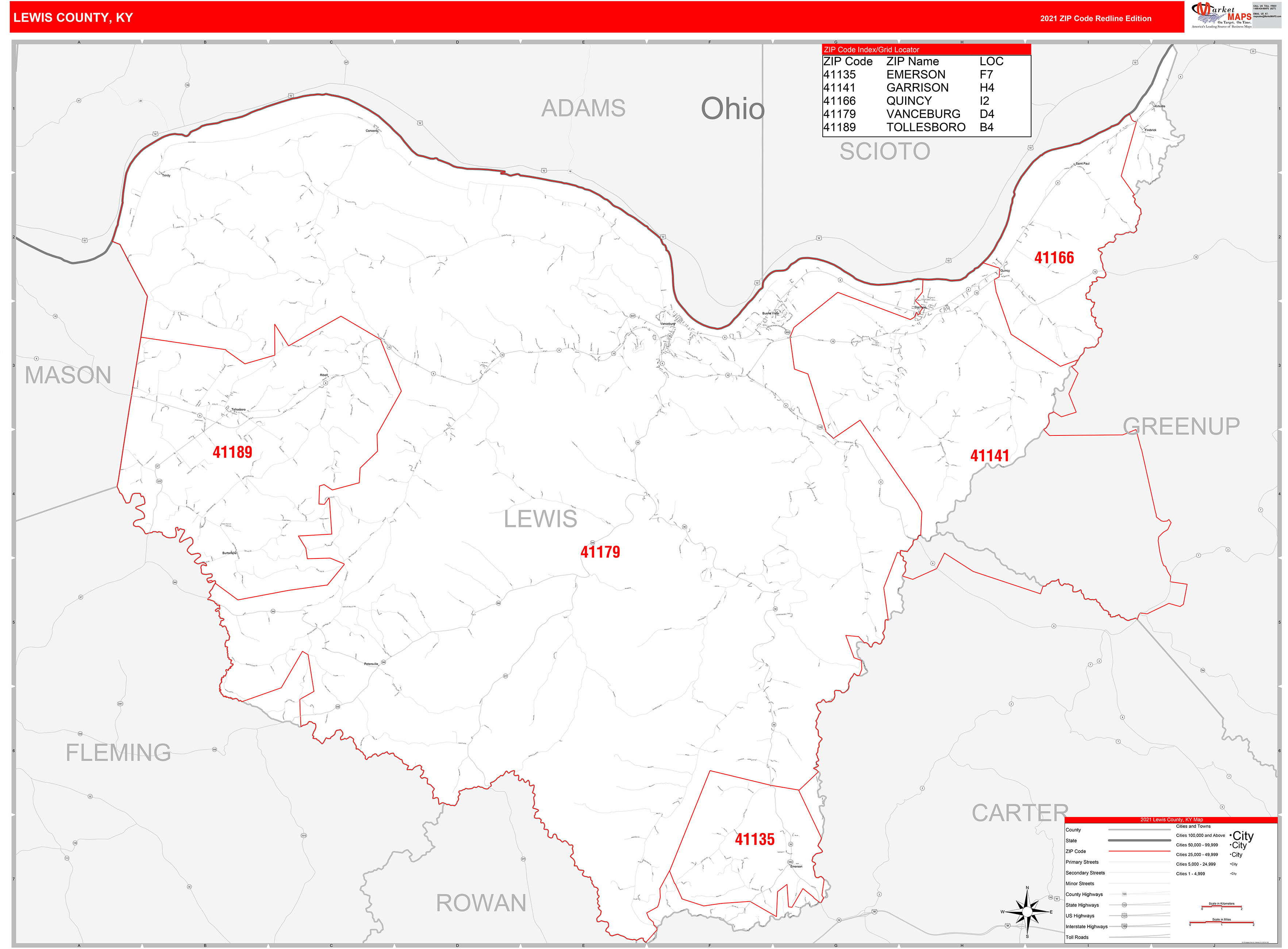 Lewis County, KY Zip Code Wall Map Red Line Style by MarketMAPS