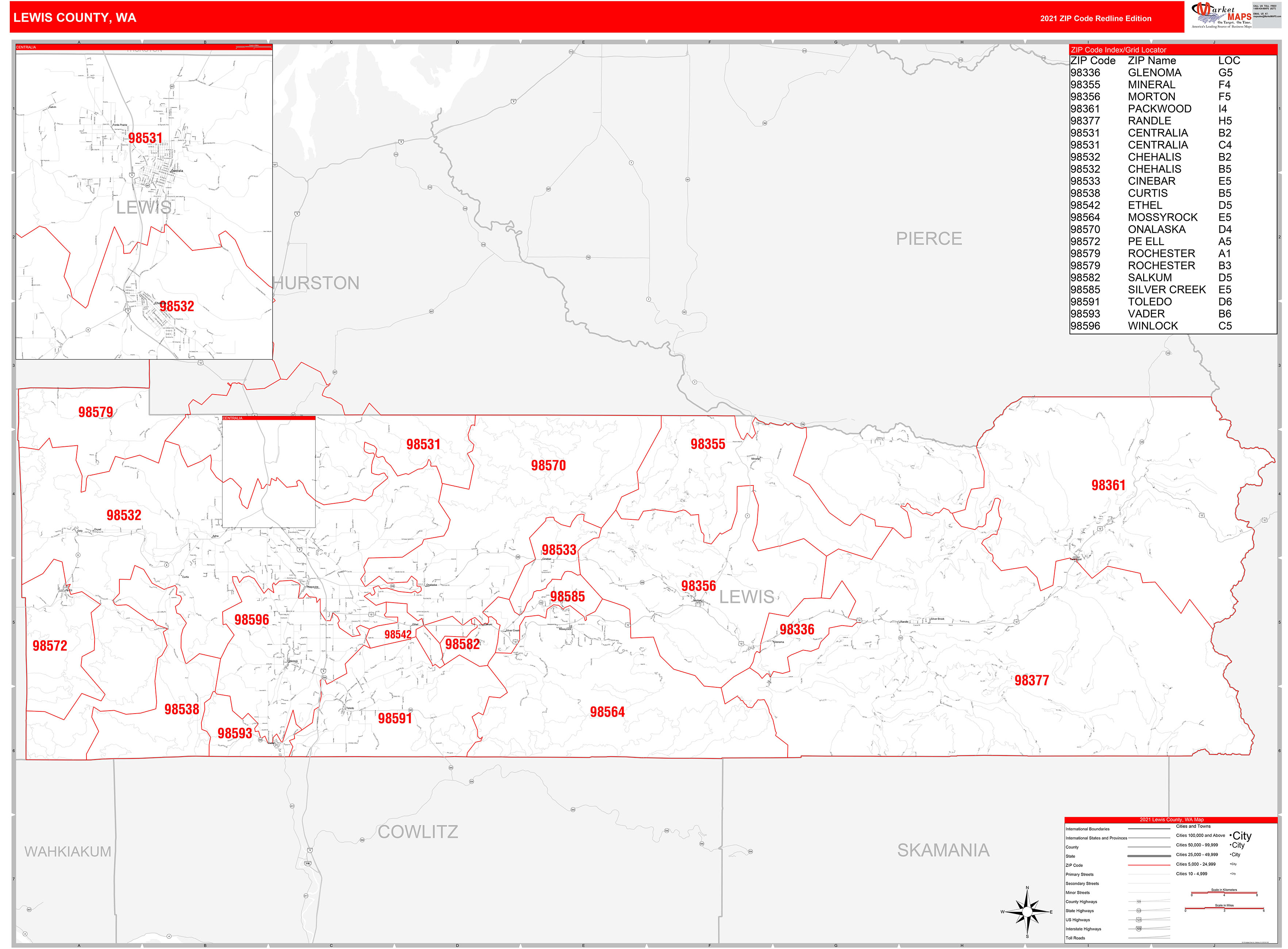 Lewis County Wa Zip Code Wall Map Red Line Style By Marketmaps Mapsales