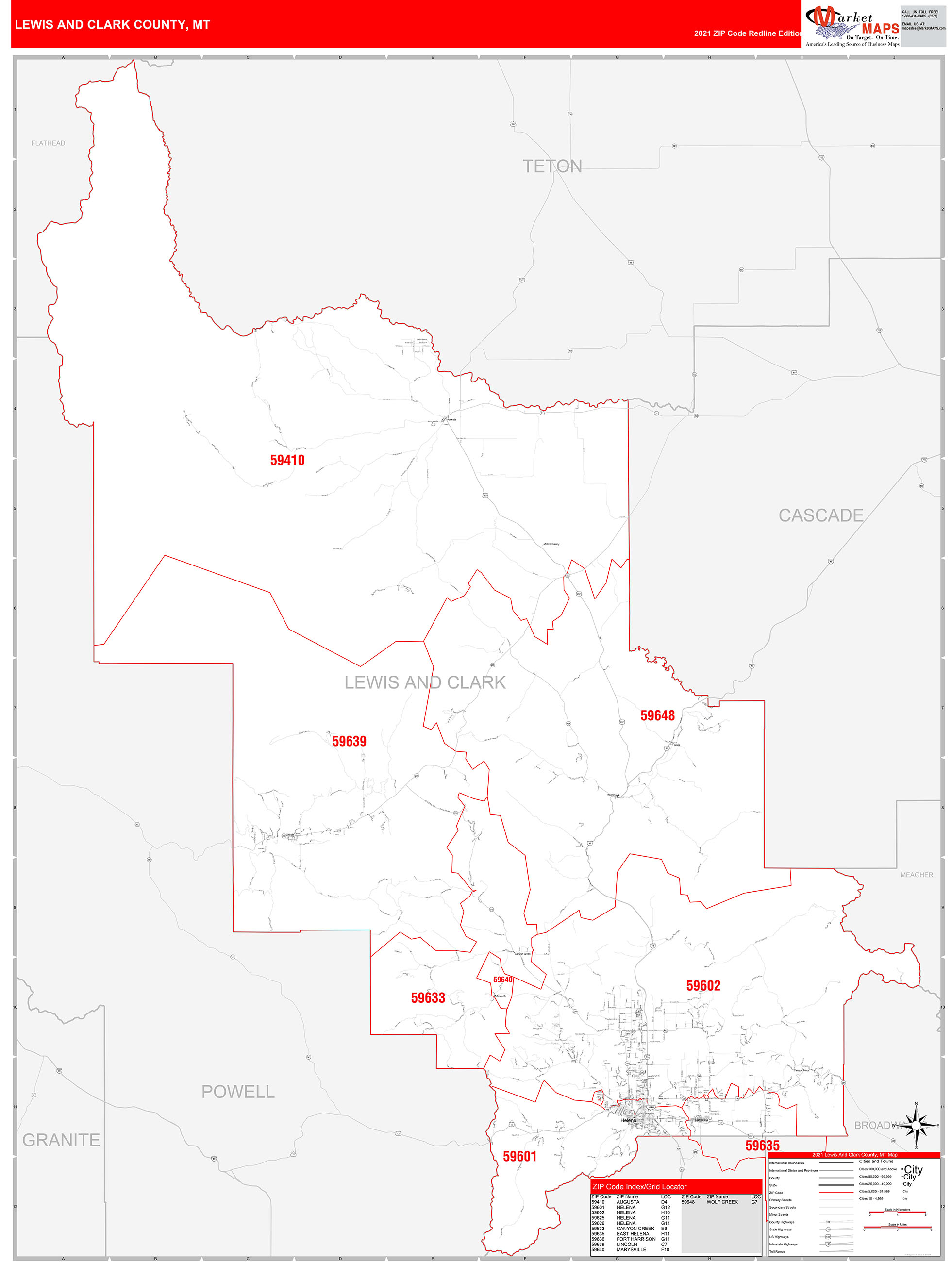 Lewis and Clark County, MT Zip Code Wall Map Red Line Style by MarketMAPS