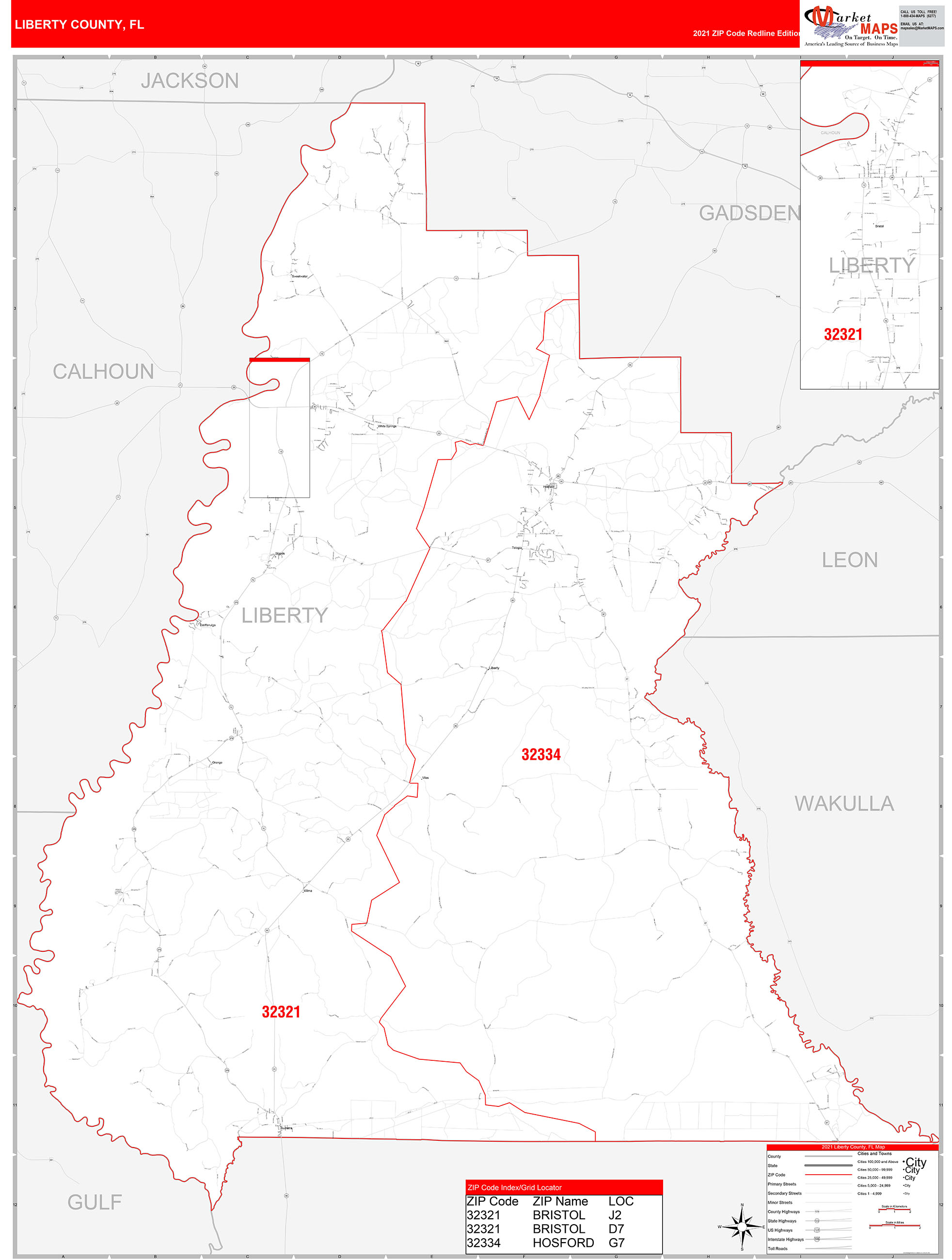 Liberty County, FL Zip Code Wall Map Red Line Style by MarketMAPS
