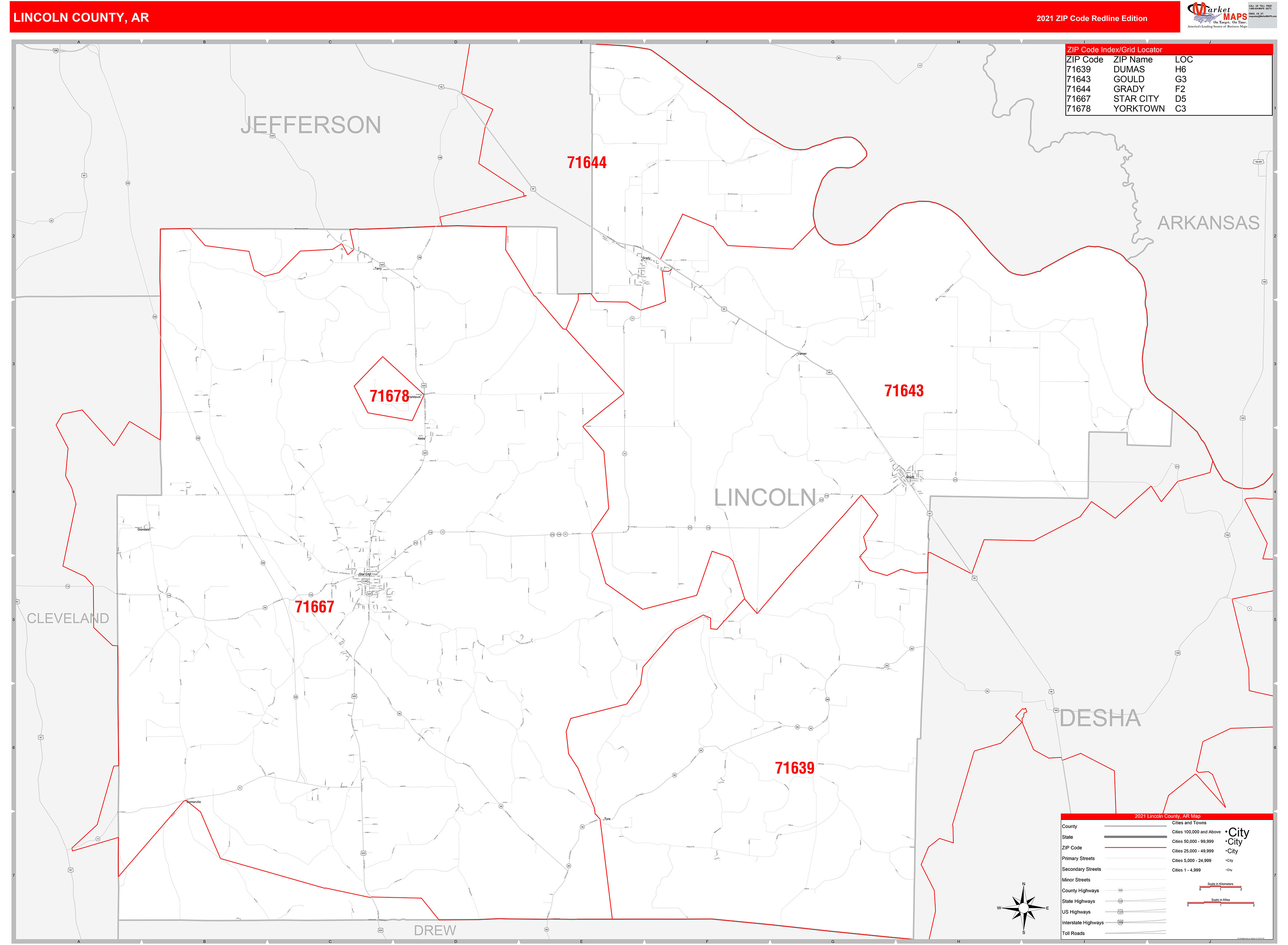 Lincoln County, AR Zip Code Wall Map Red Line Style by MarketMAPS