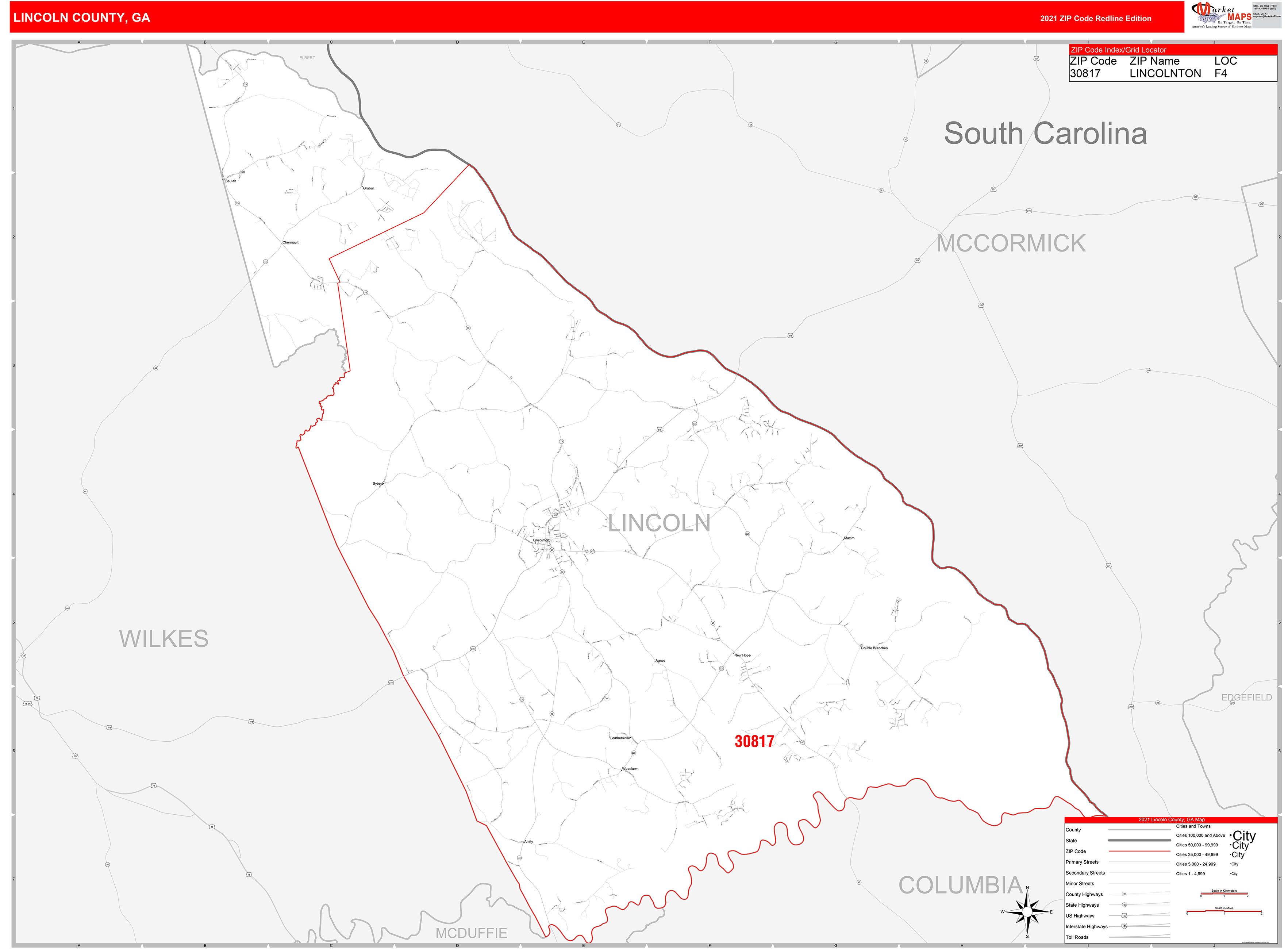 Lincoln County, GA Zip Code Wall Map Red Line Style by MarketMAPS