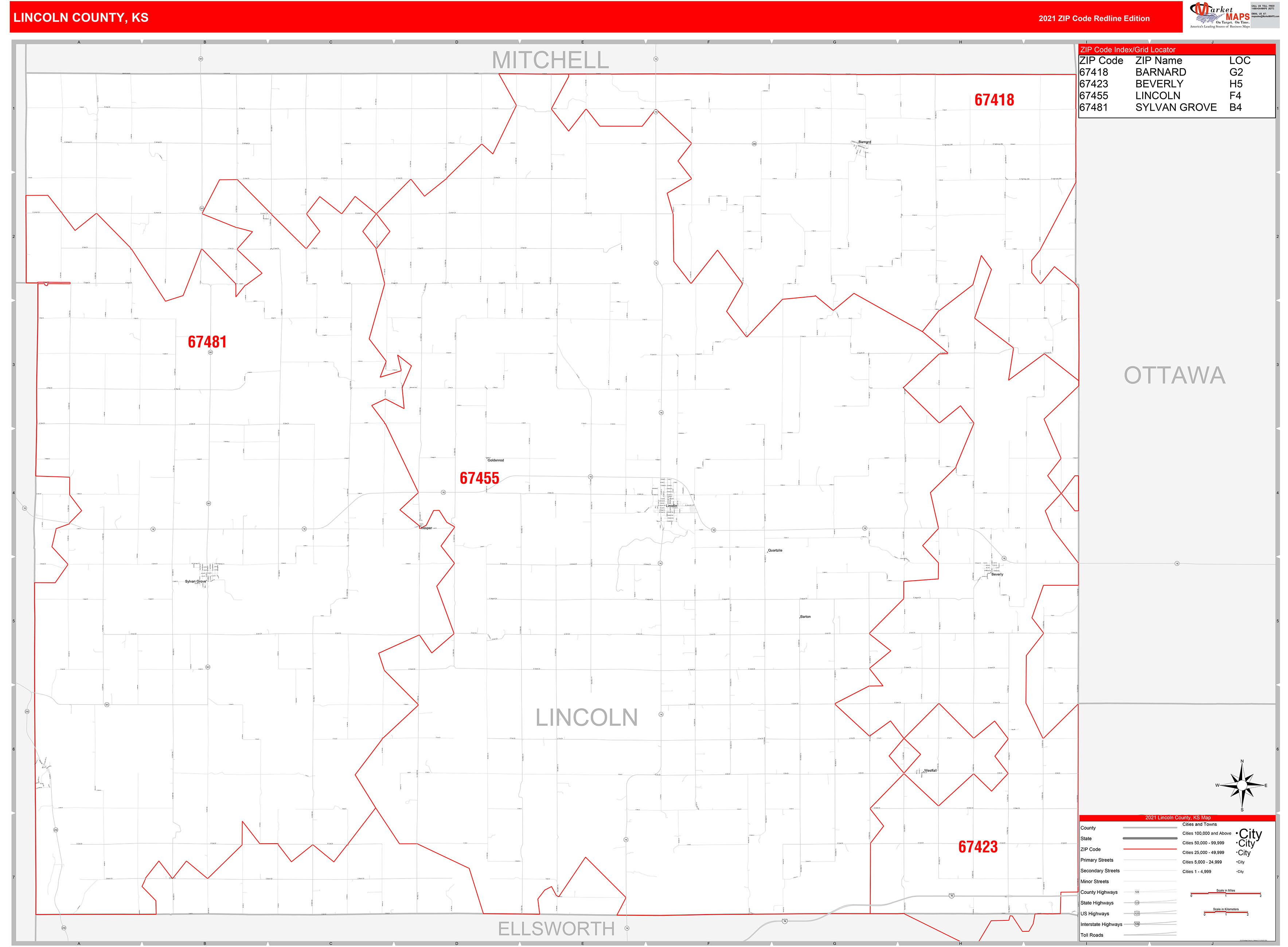 Lincoln County, KS Zip Code Wall Map Red Line Style by MarketMAPS