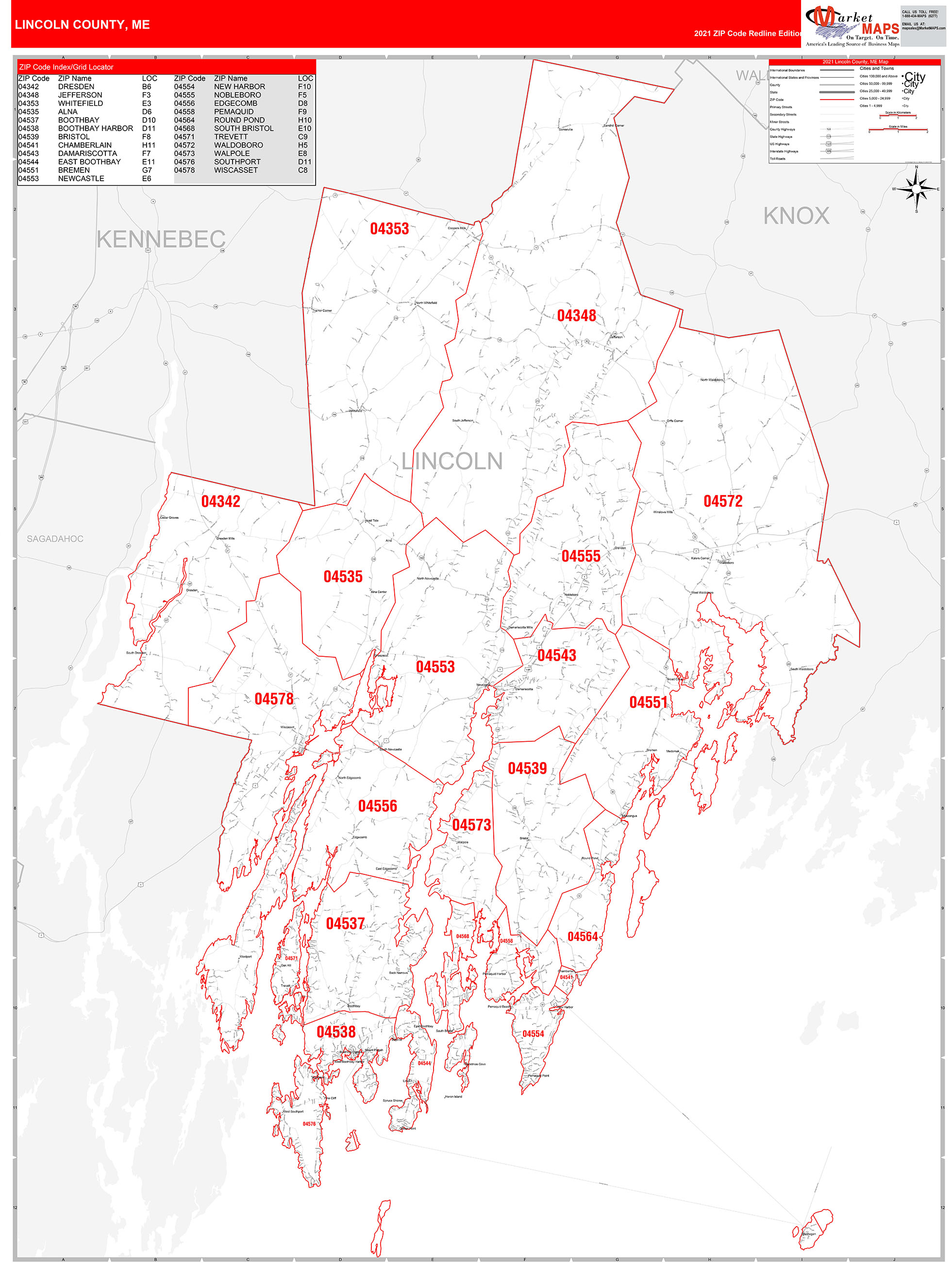 Lincoln County, ME Zip Code Wall Map Red Line Style by MarketMAPS