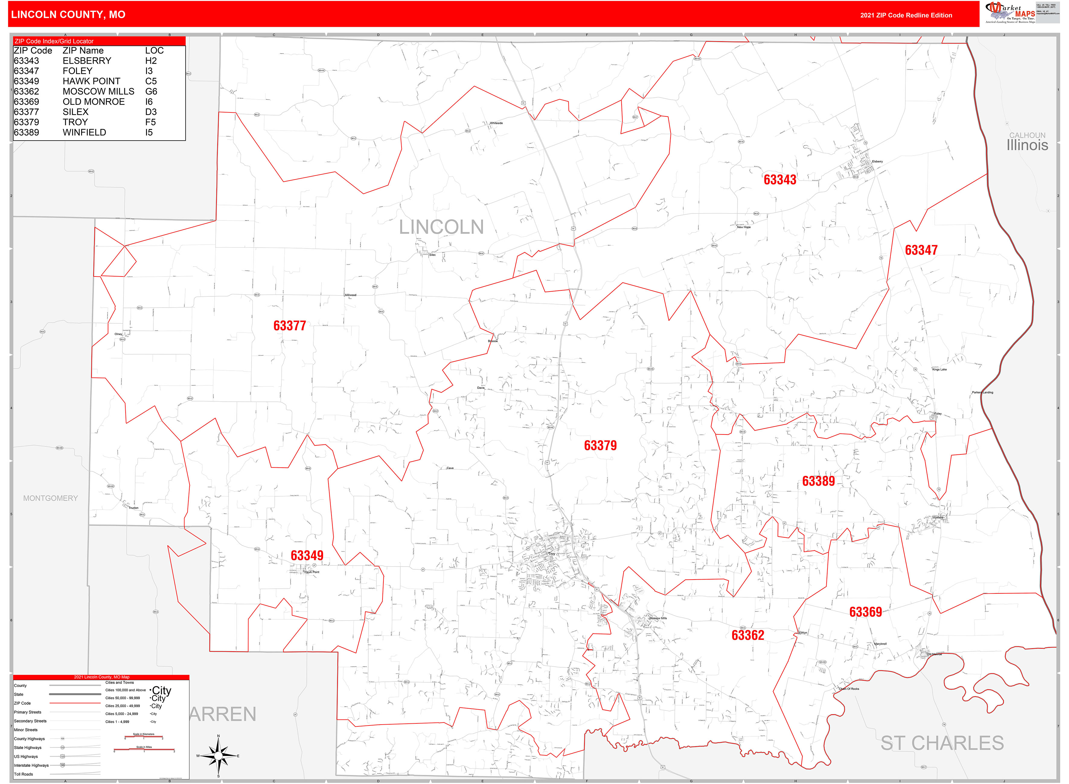 Lincoln County, MO Zip Code Wall Map Red Line Style by MarketMAPS