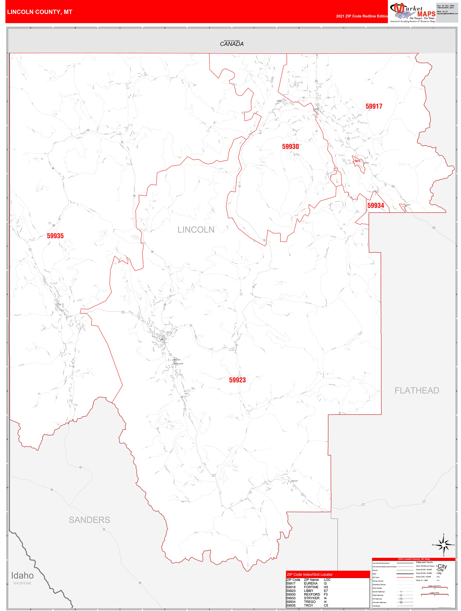 Lincoln County, MT Zip Code Wall Map Red Line Style by MarketMAPS