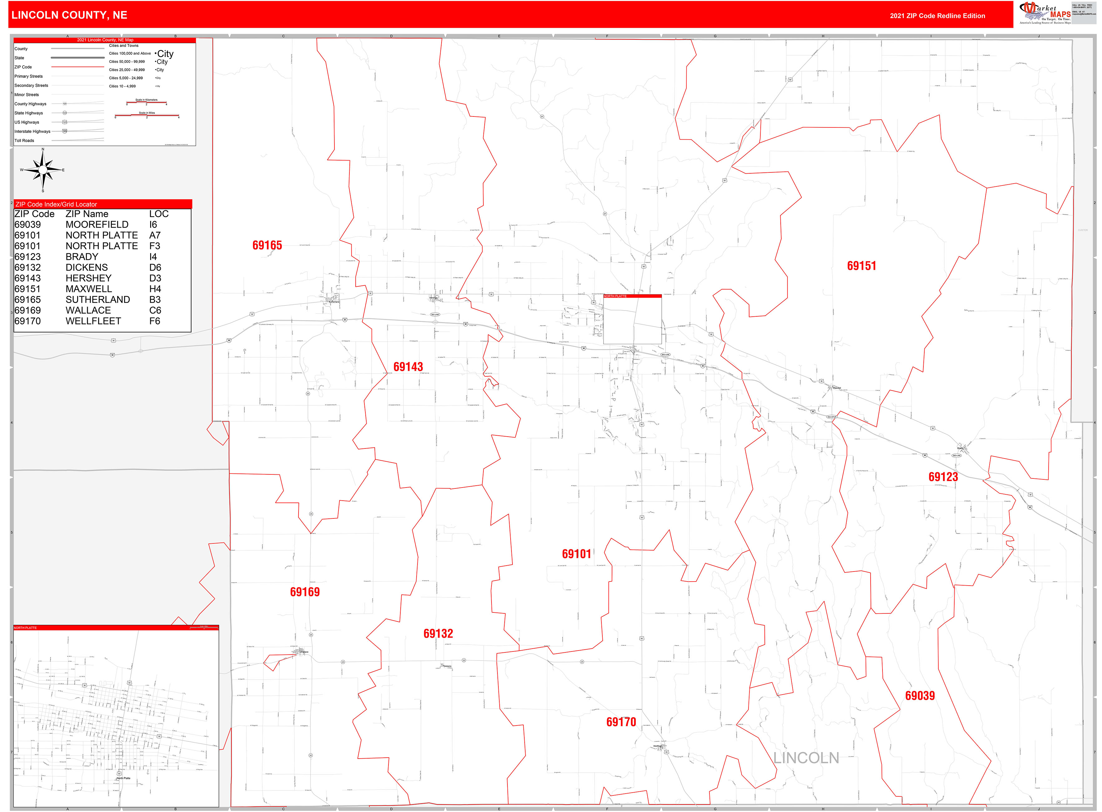 Lincoln County, NE Zip Code Wall Map Red Line Style by MarketMAPS