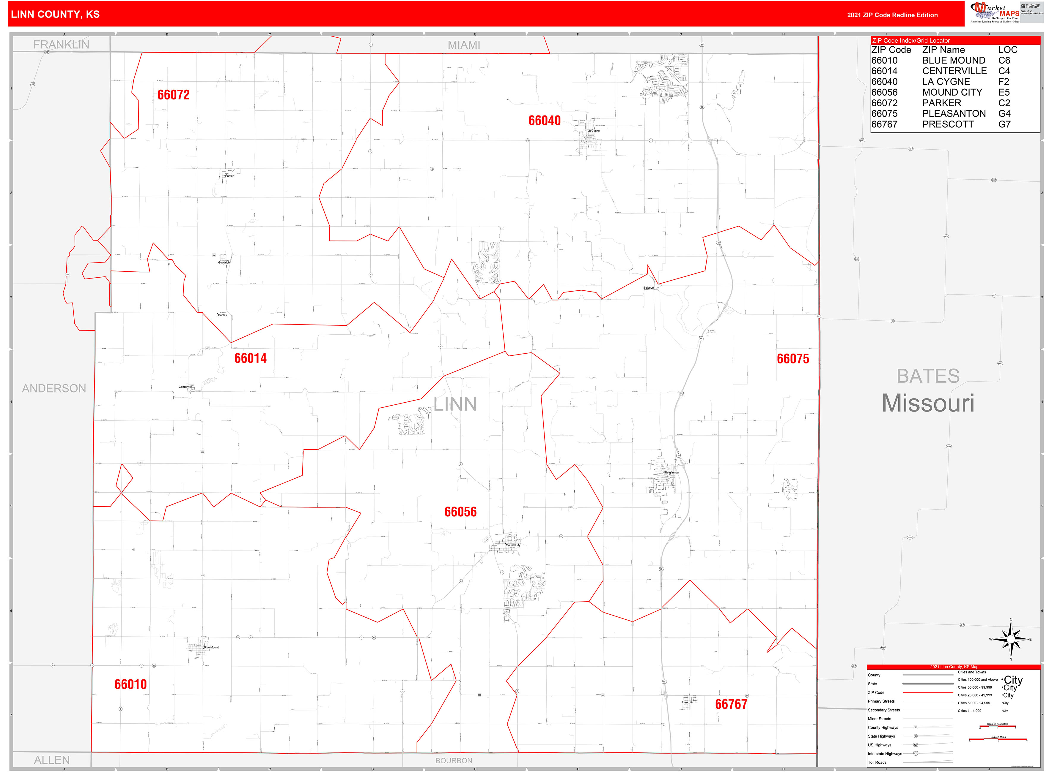 Linn County, KS Zip Code Wall Map Red Line Style by MarketMAPS MapSales