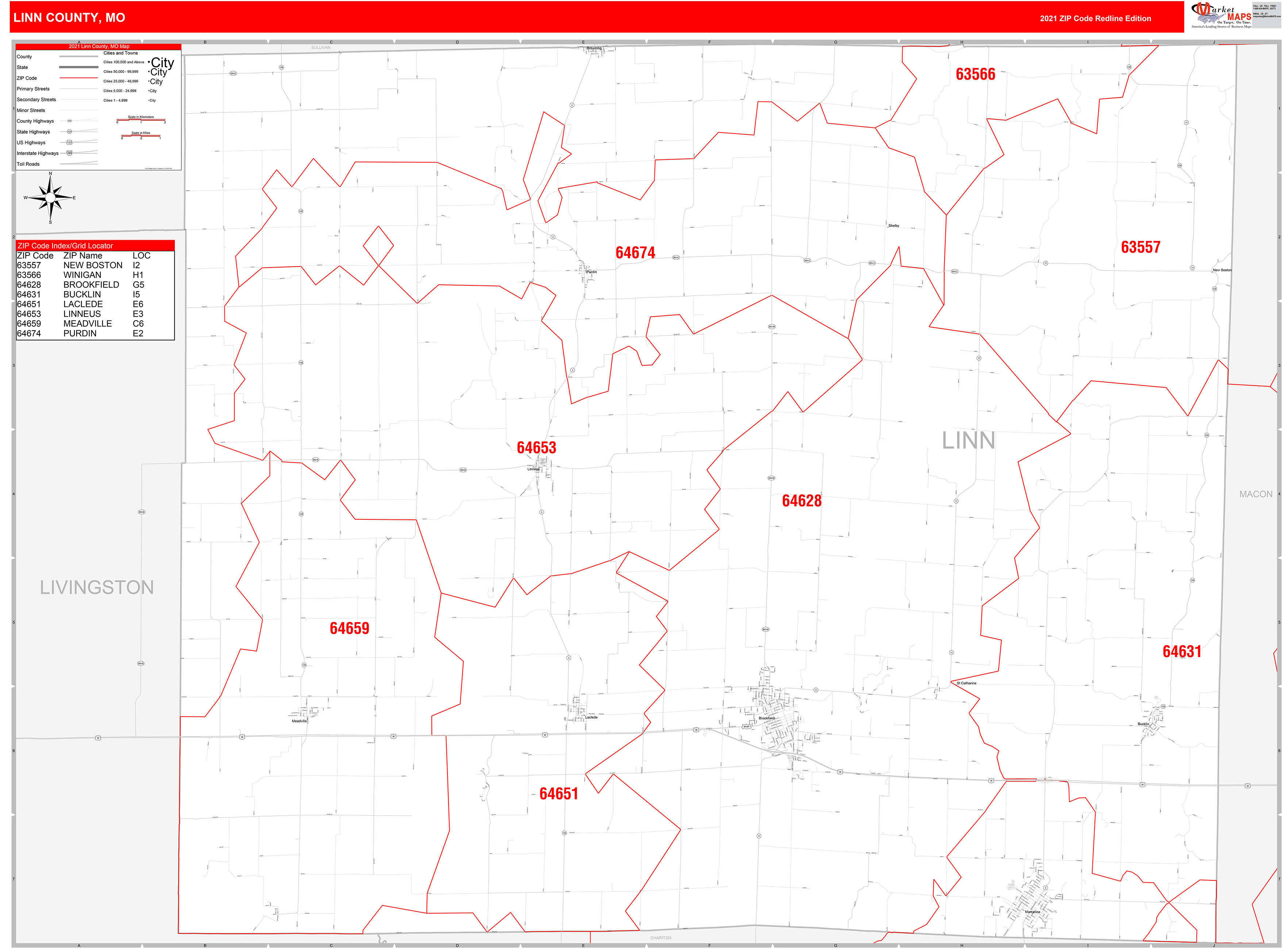 Linn County, MO Zip Code Wall Map Red Line Style by MarketMAPS