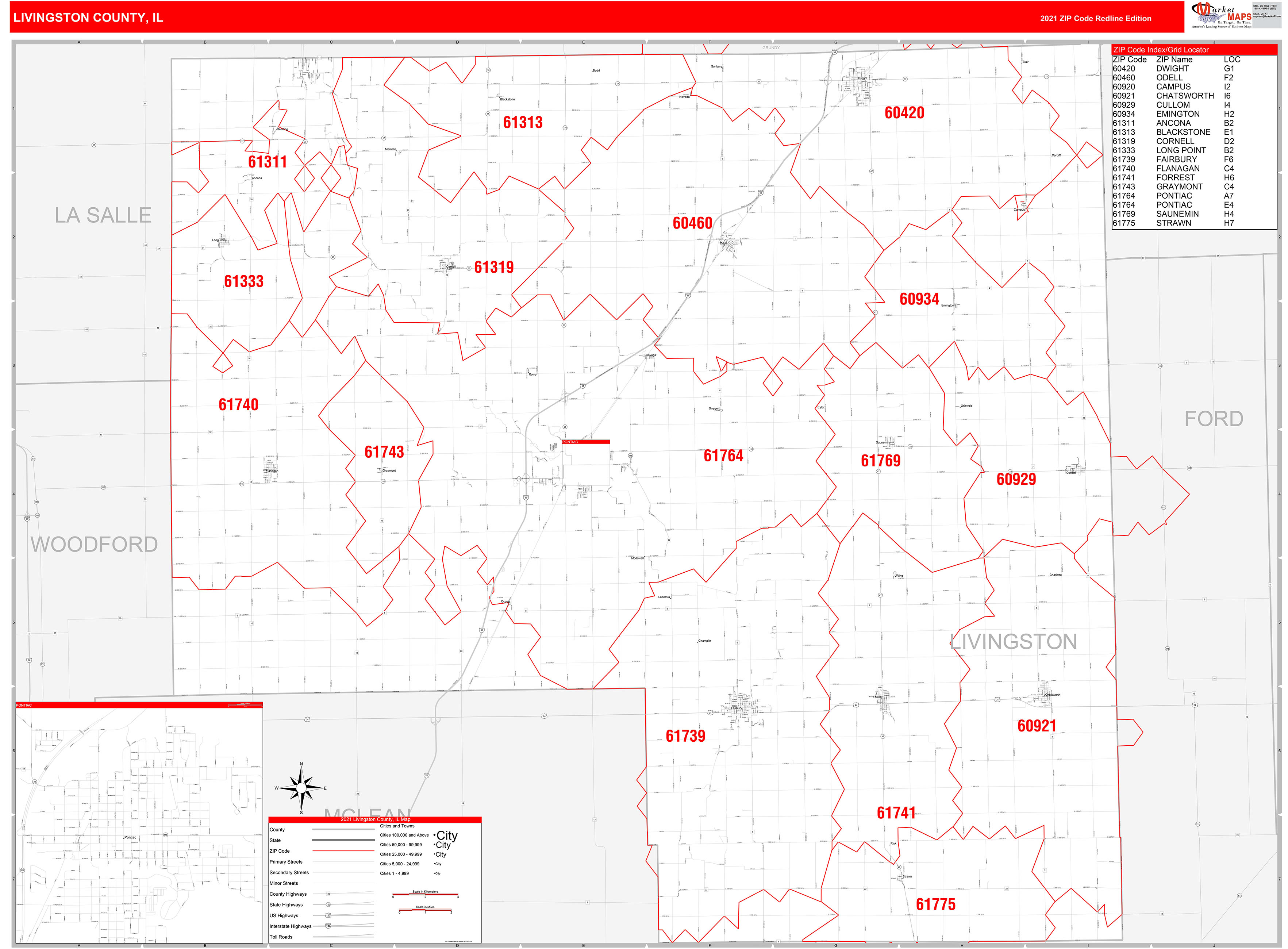 Livingston County, IL Zip Code Wall Map Red Line Style by MarketMAPS