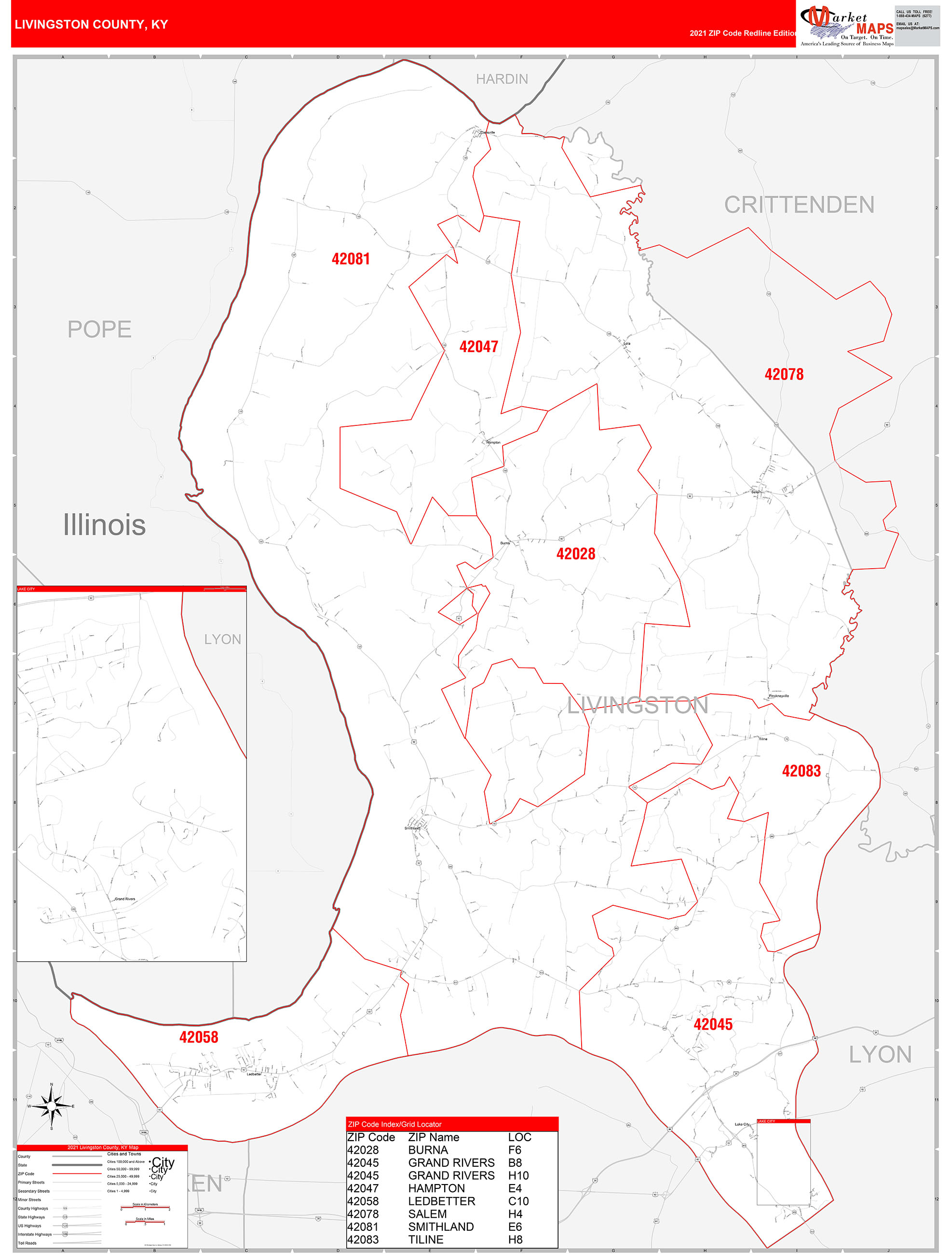 Livingston County, KY Zip Code Wall Map Red Line Style by MarketMAPS