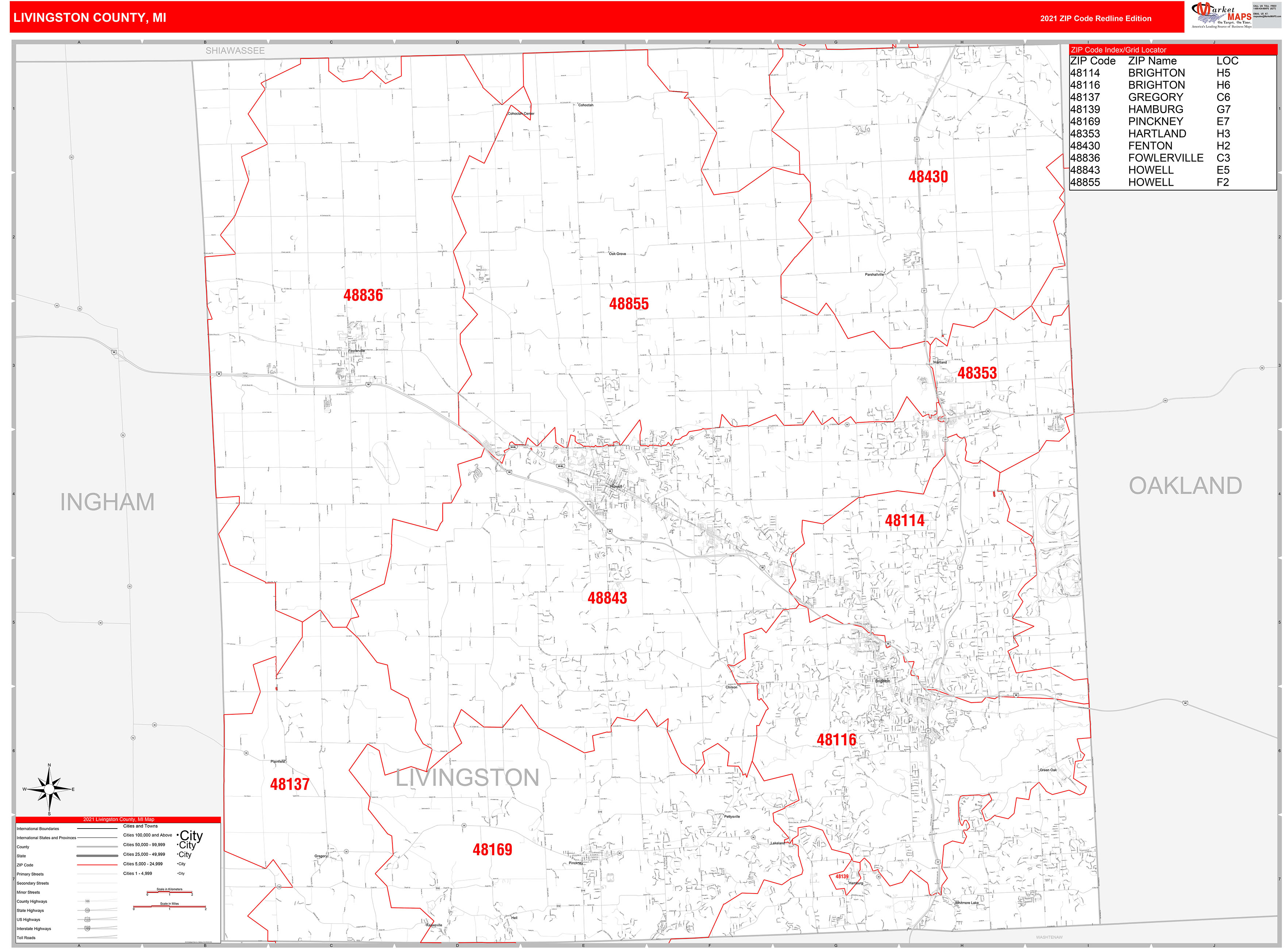 Livingston County, MI Zip Code Wall Map Red Line Style by MarketMAPS