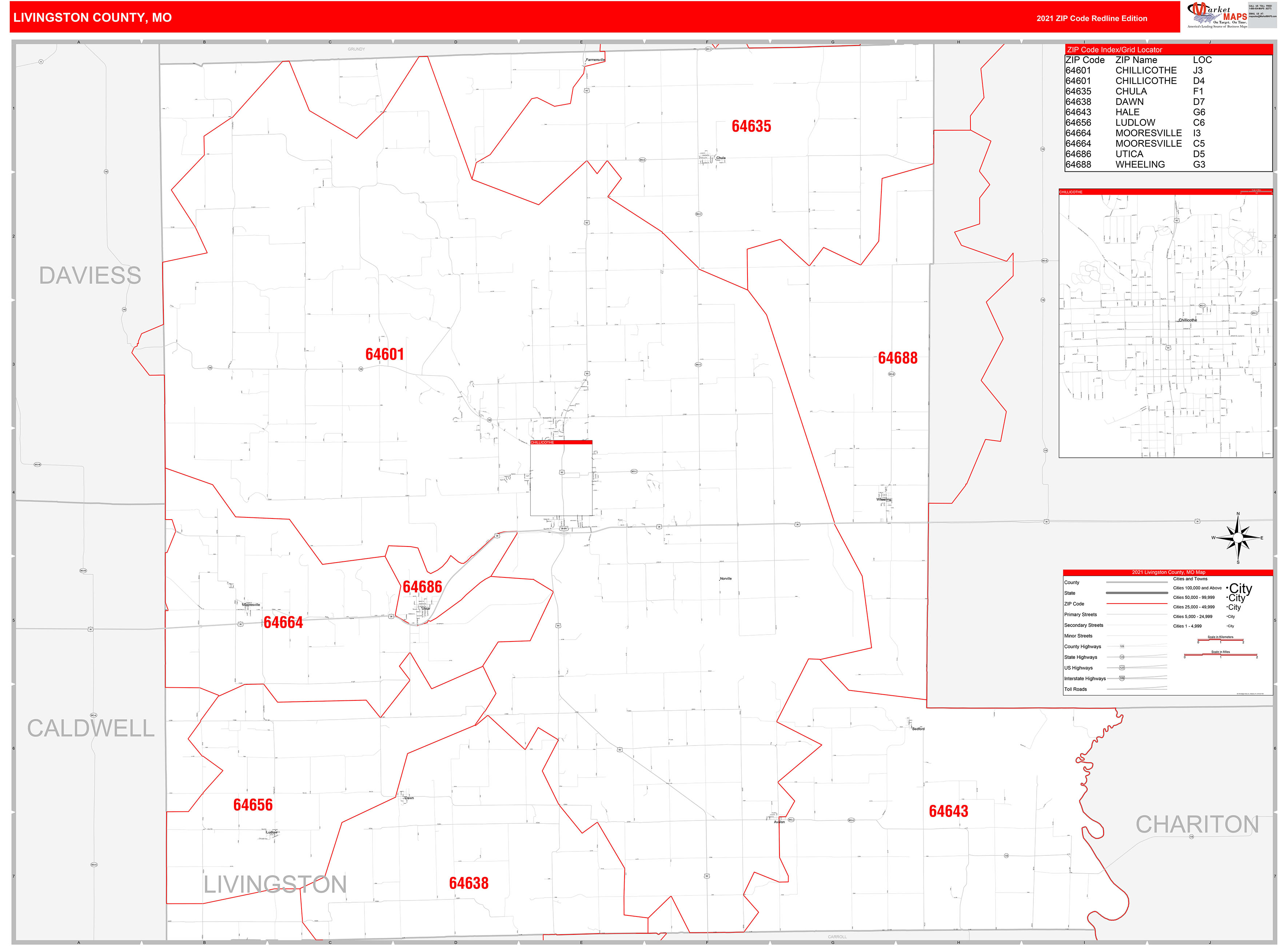 Livingston County, MO Zip Code Wall Map Red Line Style by MarketMAPS