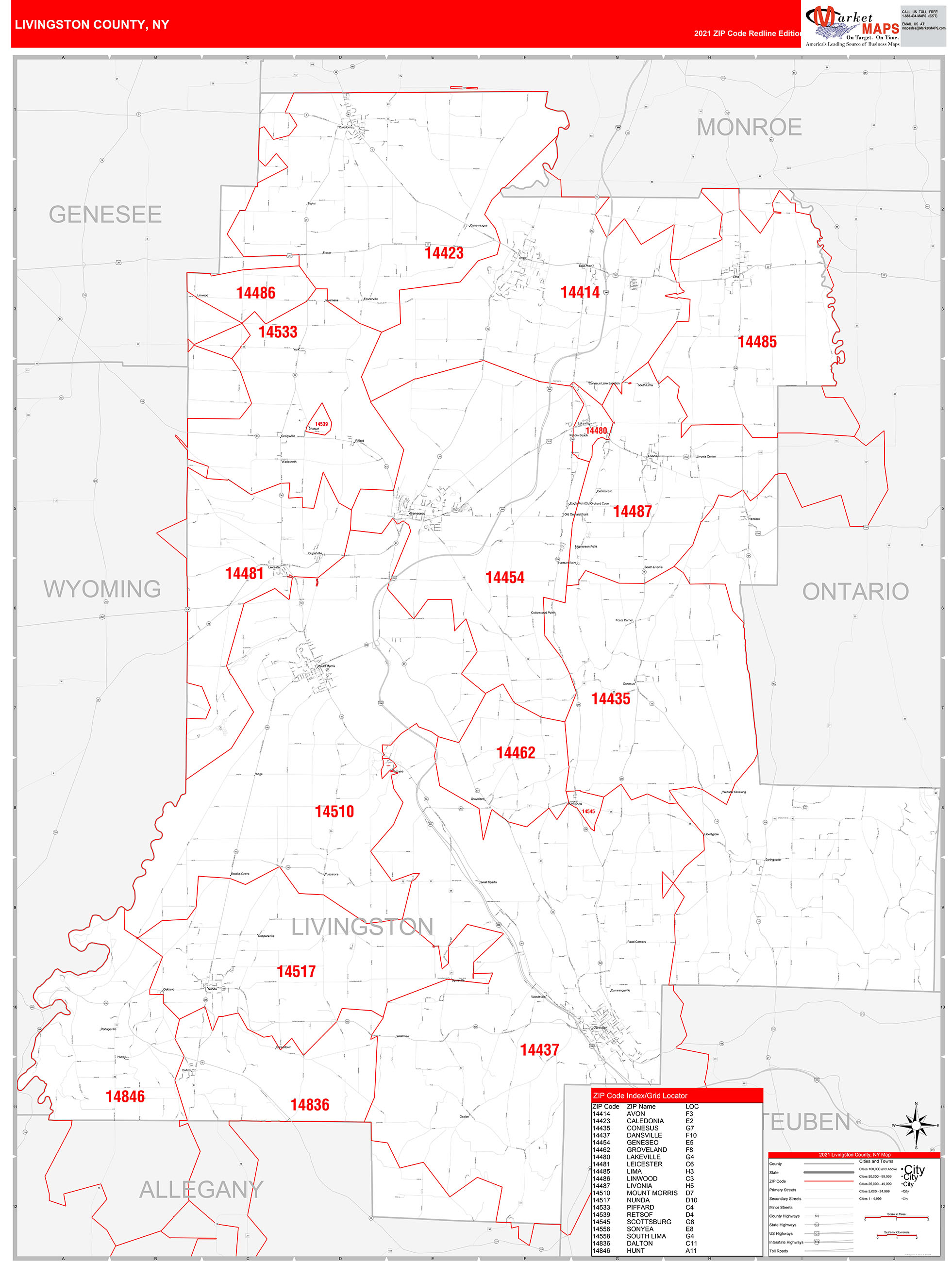 Livingston County, NY Zip Code Wall Map Red Line Style by MarketMAPS