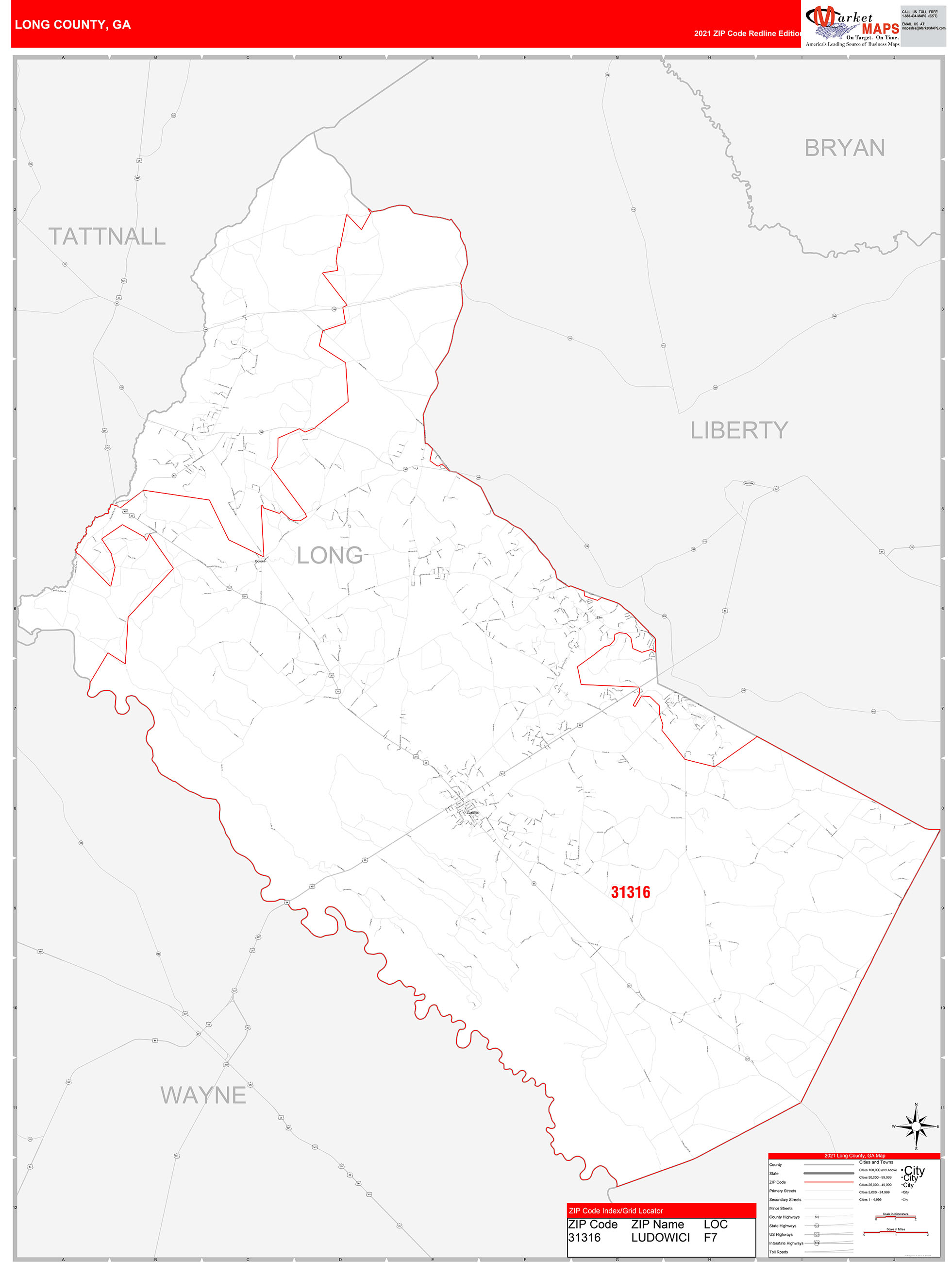 Long County, GA Zip Code Wall Map Red Line Style by MarketMAPS
