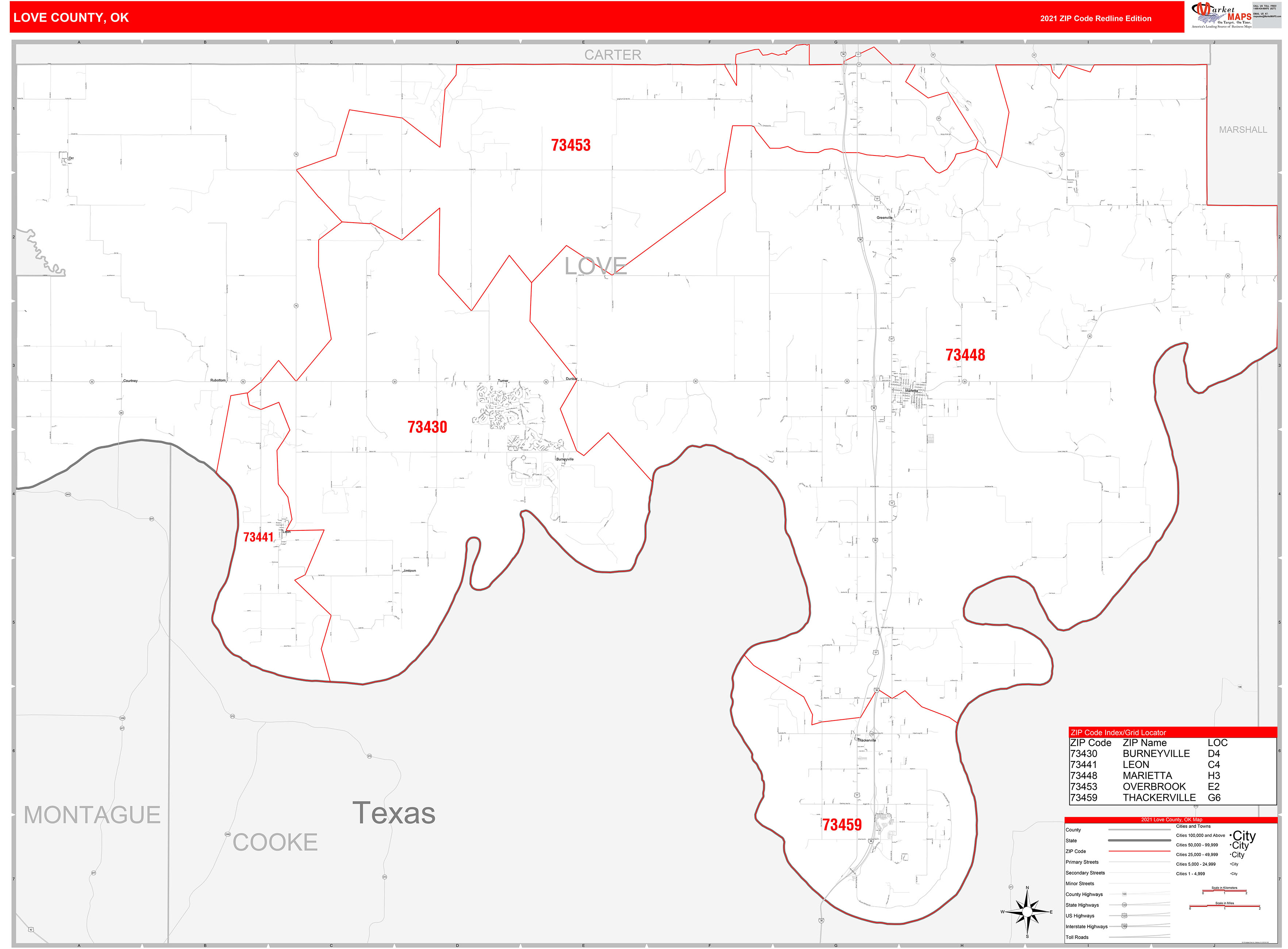 Love County, OK Zip Code Wall Map Red Line Style by MarketMAPS