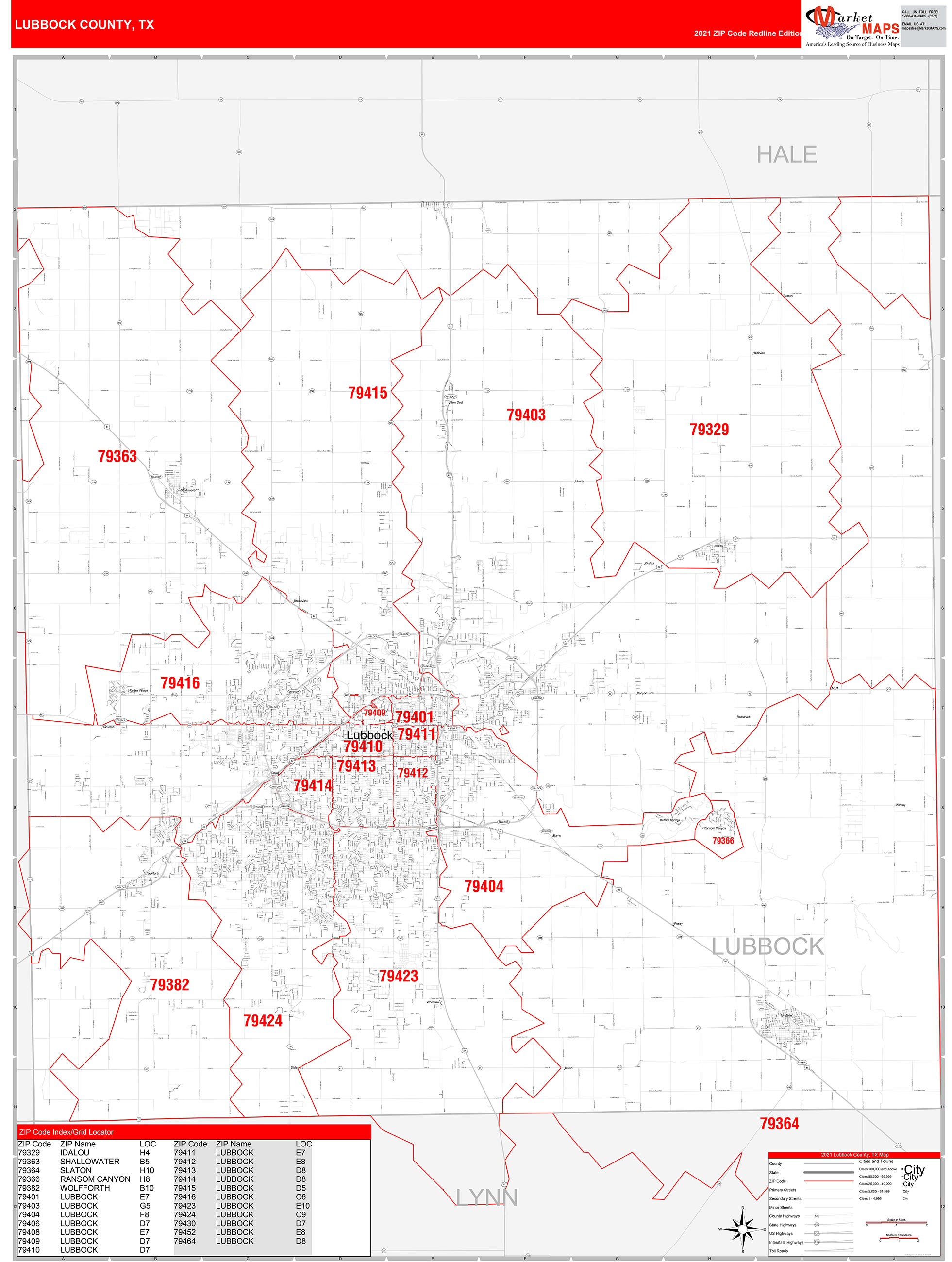 Lubbock County, TX Zip Code Wall Map Red Line Style by MarketMAPS