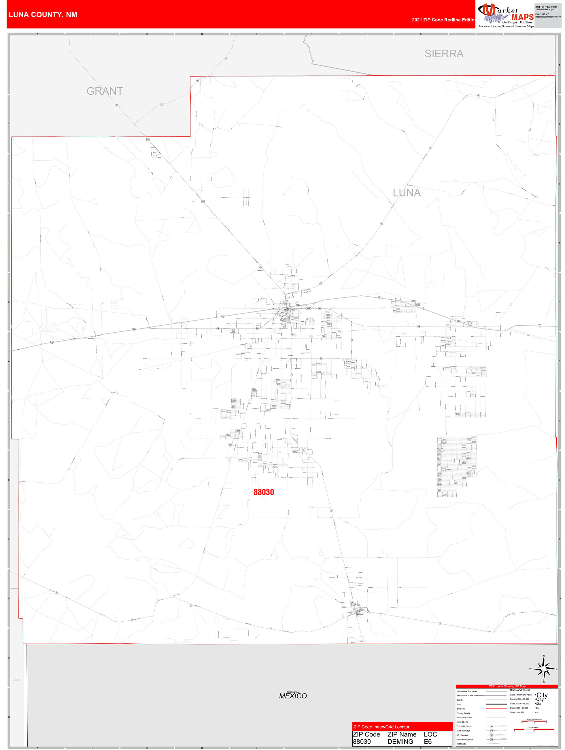 Luna County, NM Zip Code Wall Map Red Line Style by MarketMAPS MapSales